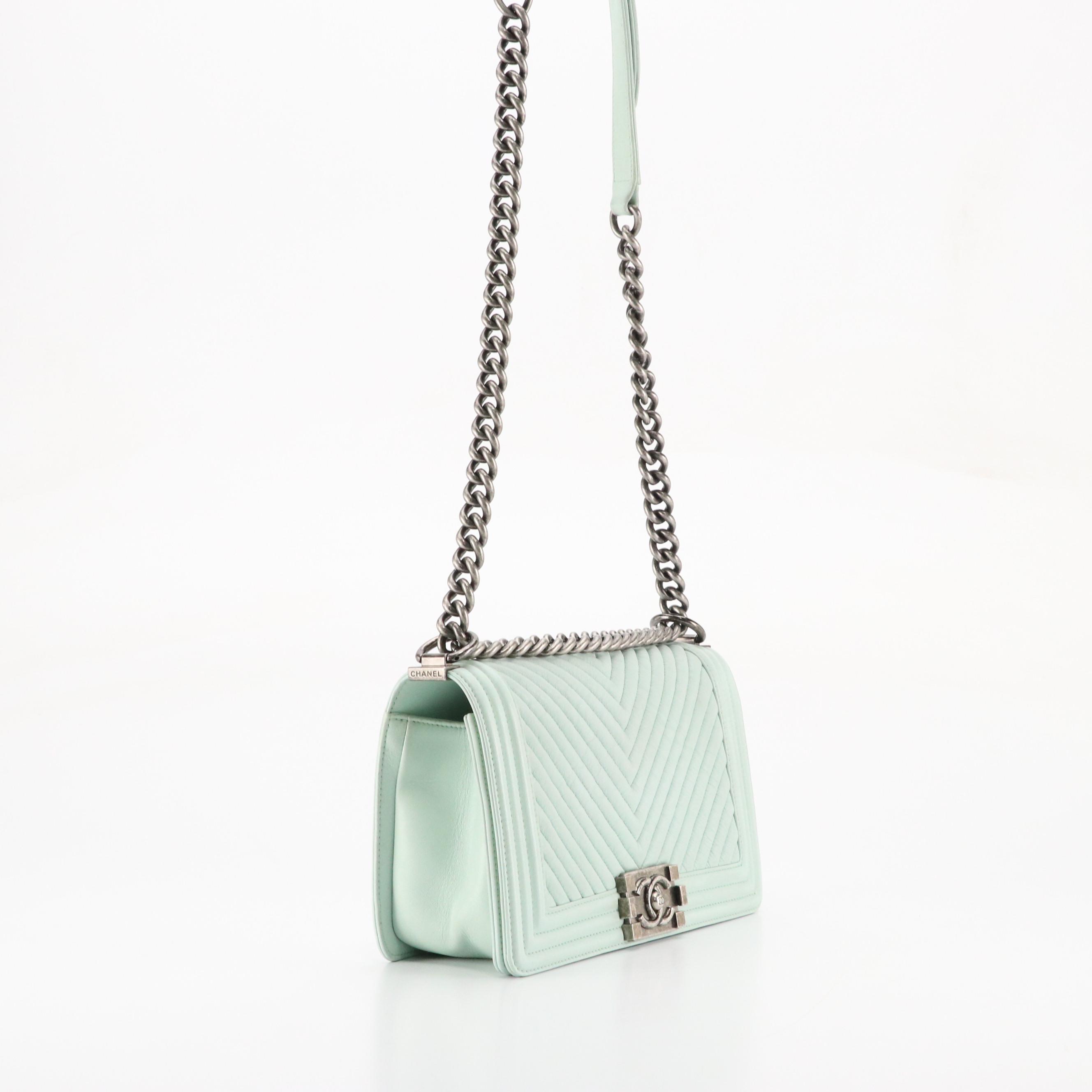 Chanel Medium Boy Flap Shoulder Bag in Chevron Quilted Lambskin Leather with Box