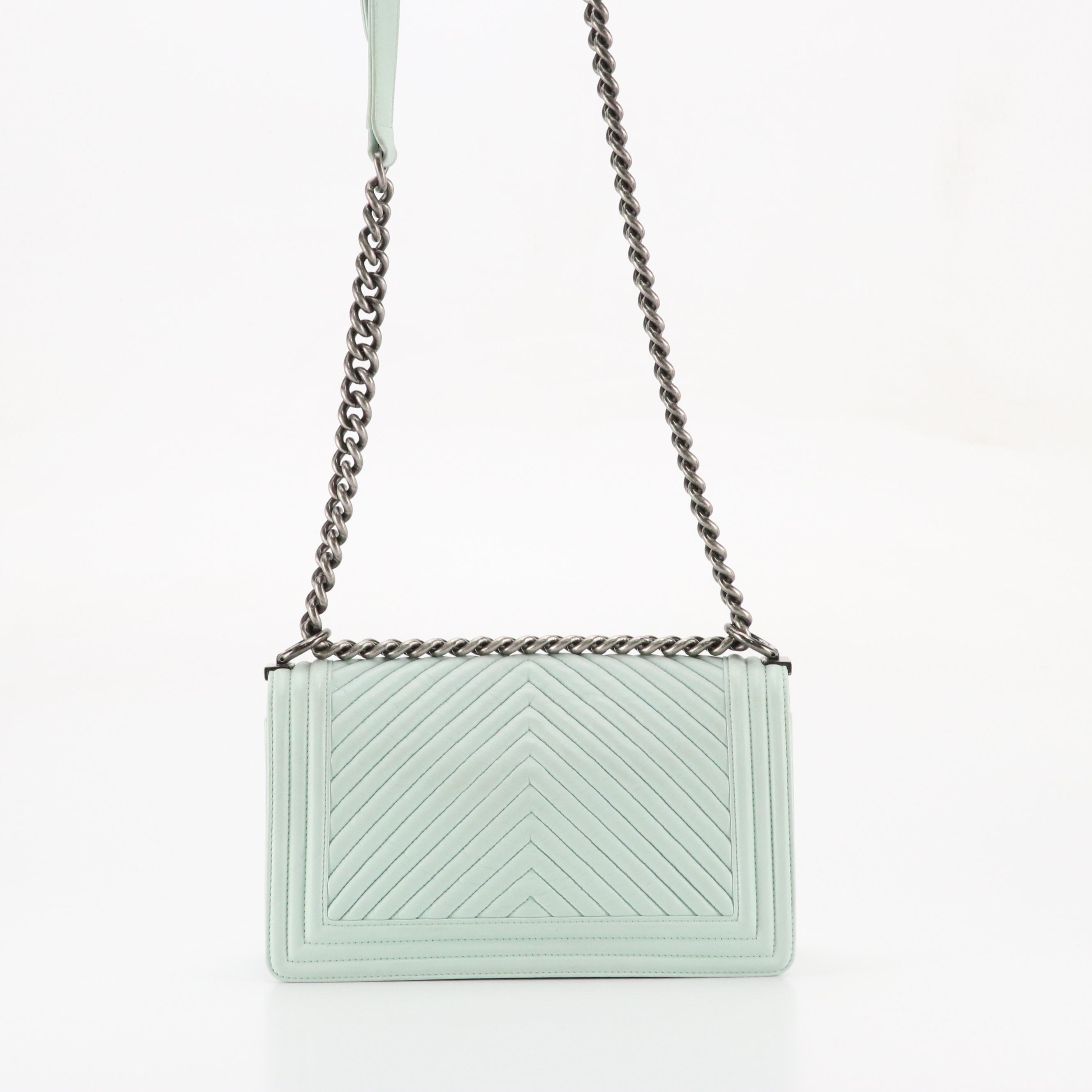 Chanel Medium Boy Flap Shoulder Bag in Chevron Quilted Lambskin Leather with Box