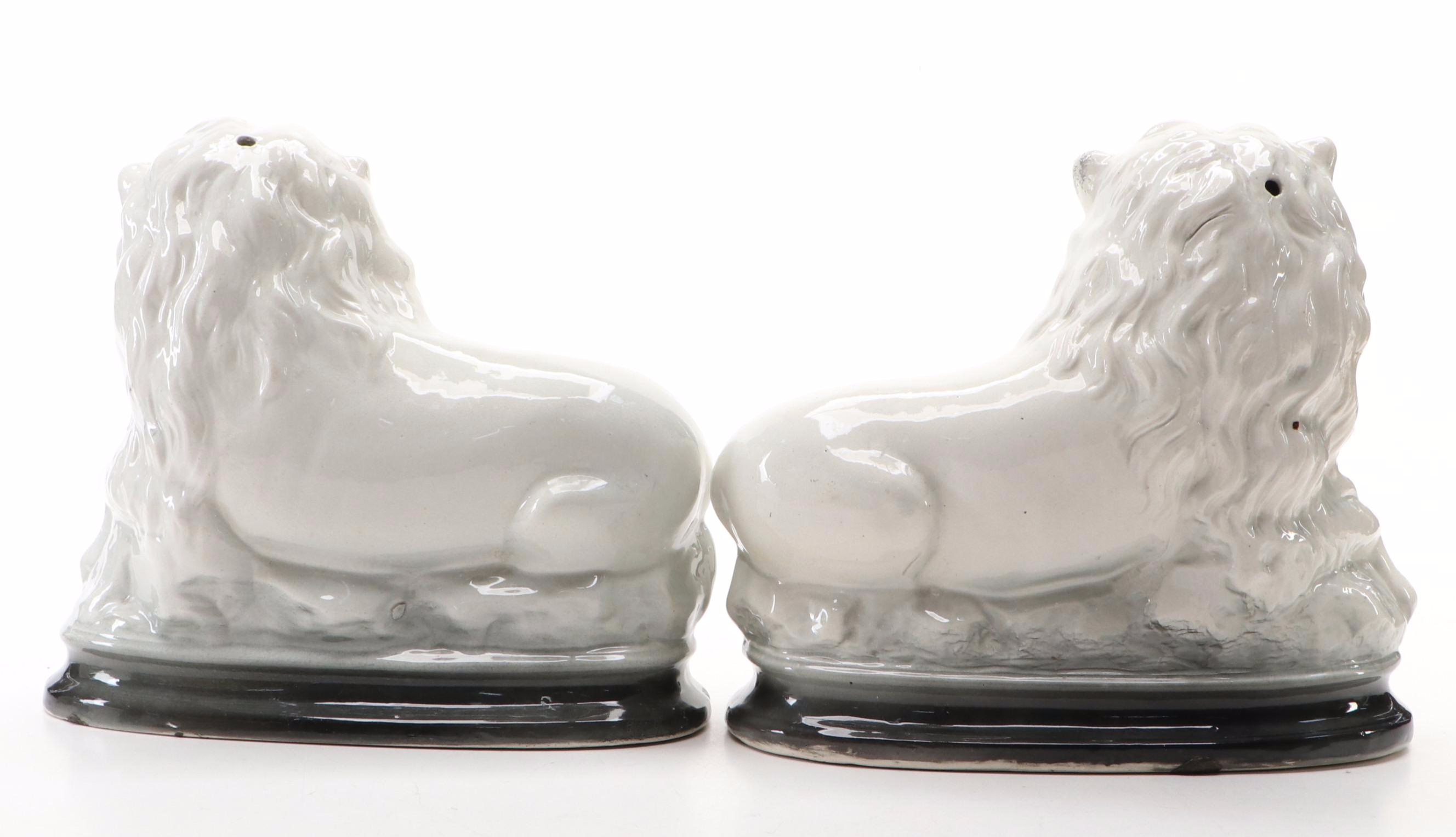 Pair of Bo'ness Staffordshire Glass Eyed Recumbent Lion Figurines