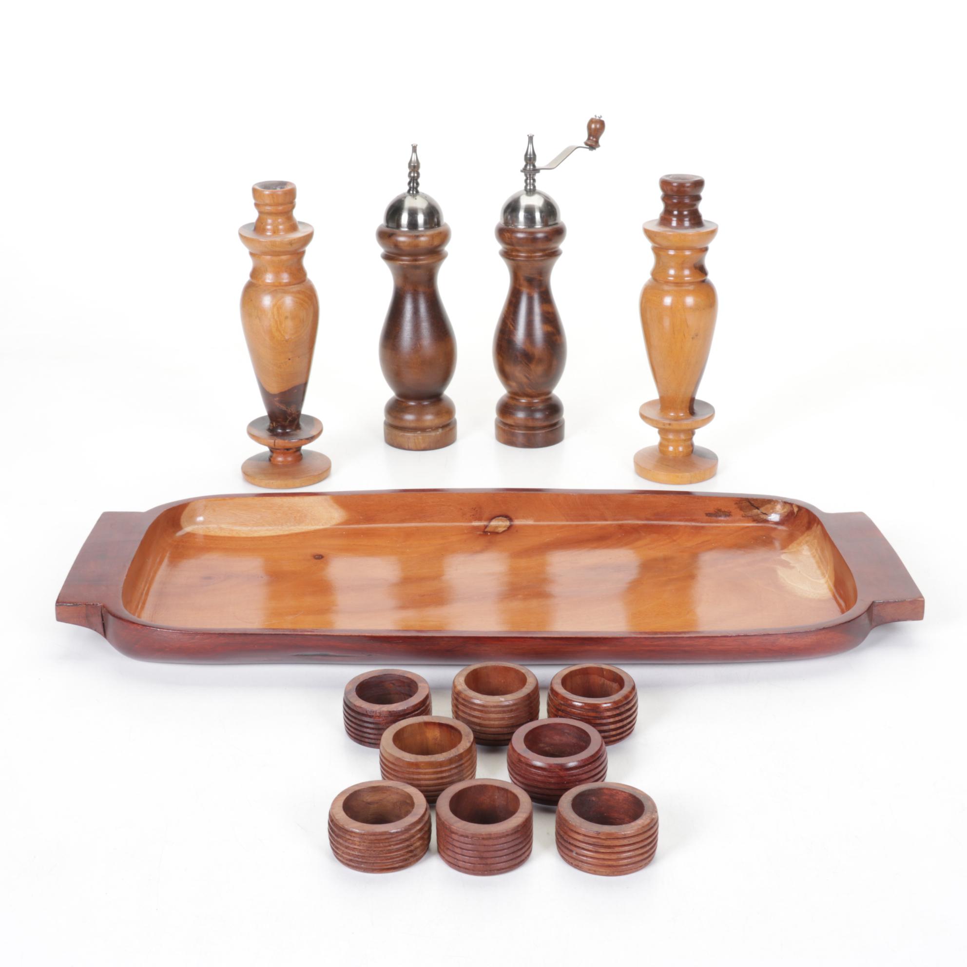 Tropical Hardwood  Two-Handled Tray with Wood Salt and Pepper and More