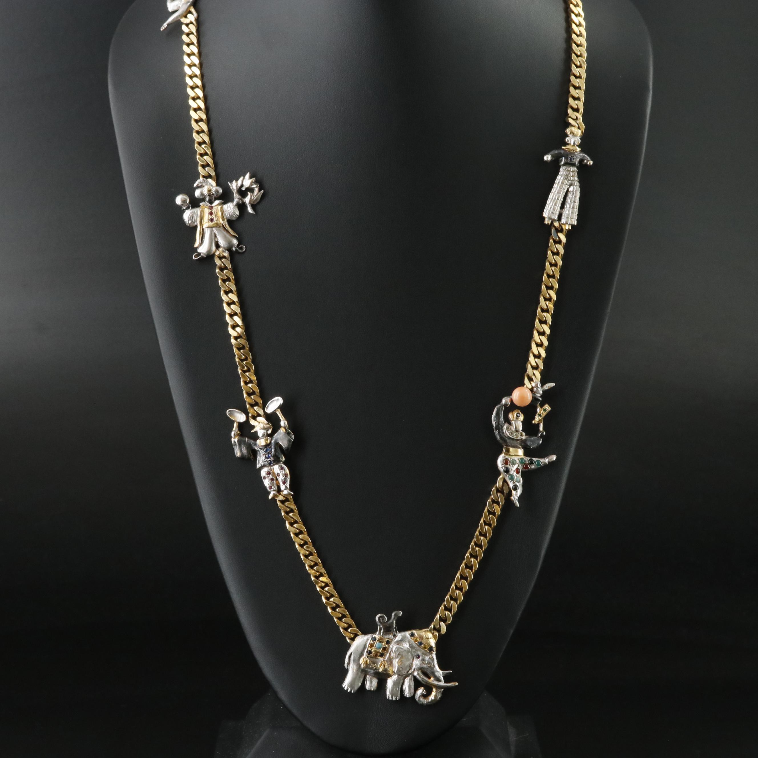 Vintage Two-Tone Circus Necklace Featuring Sapphire, Coral and Rubies