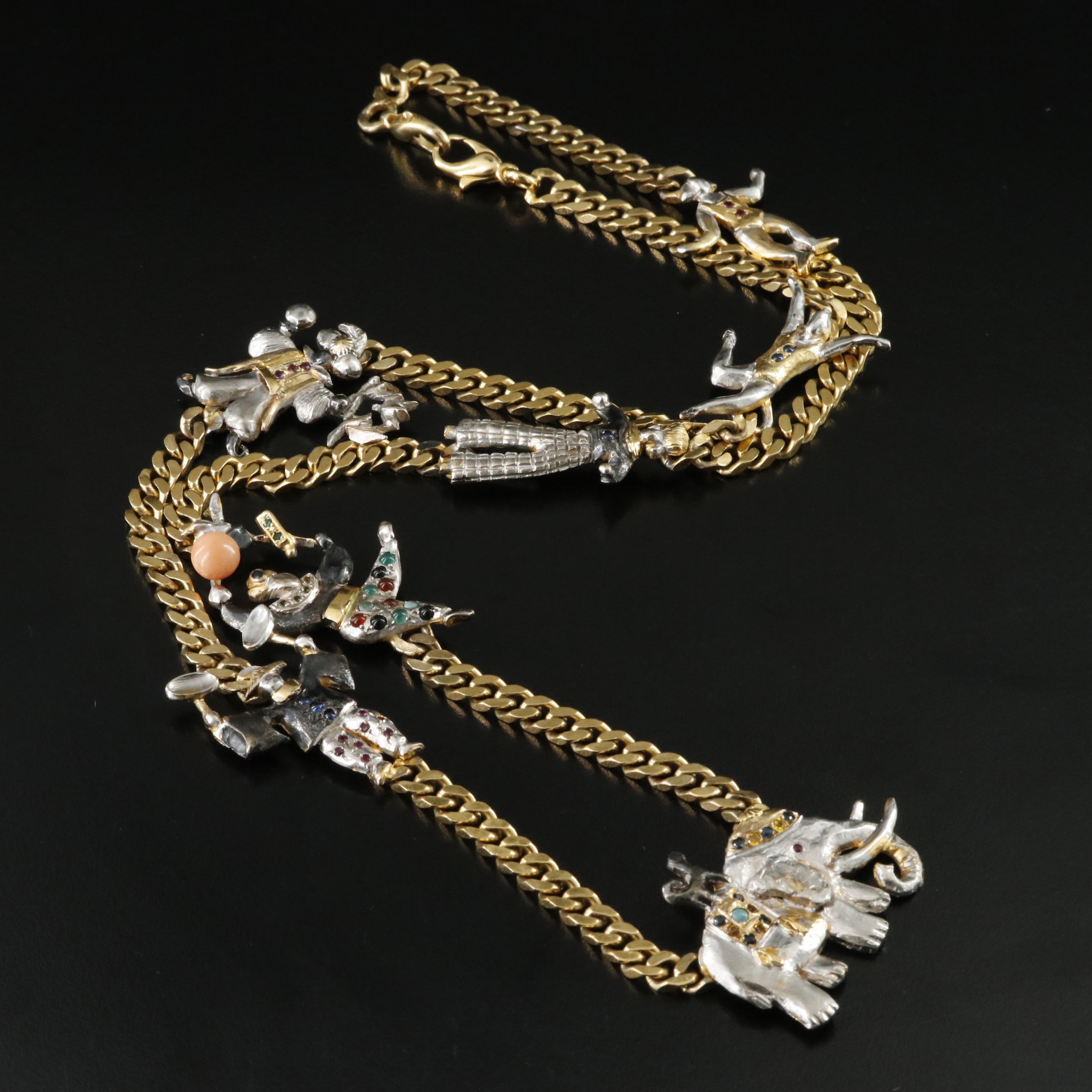 Vintage Two-Tone Circus Necklace Featuring Sapphire, Coral and Rubies