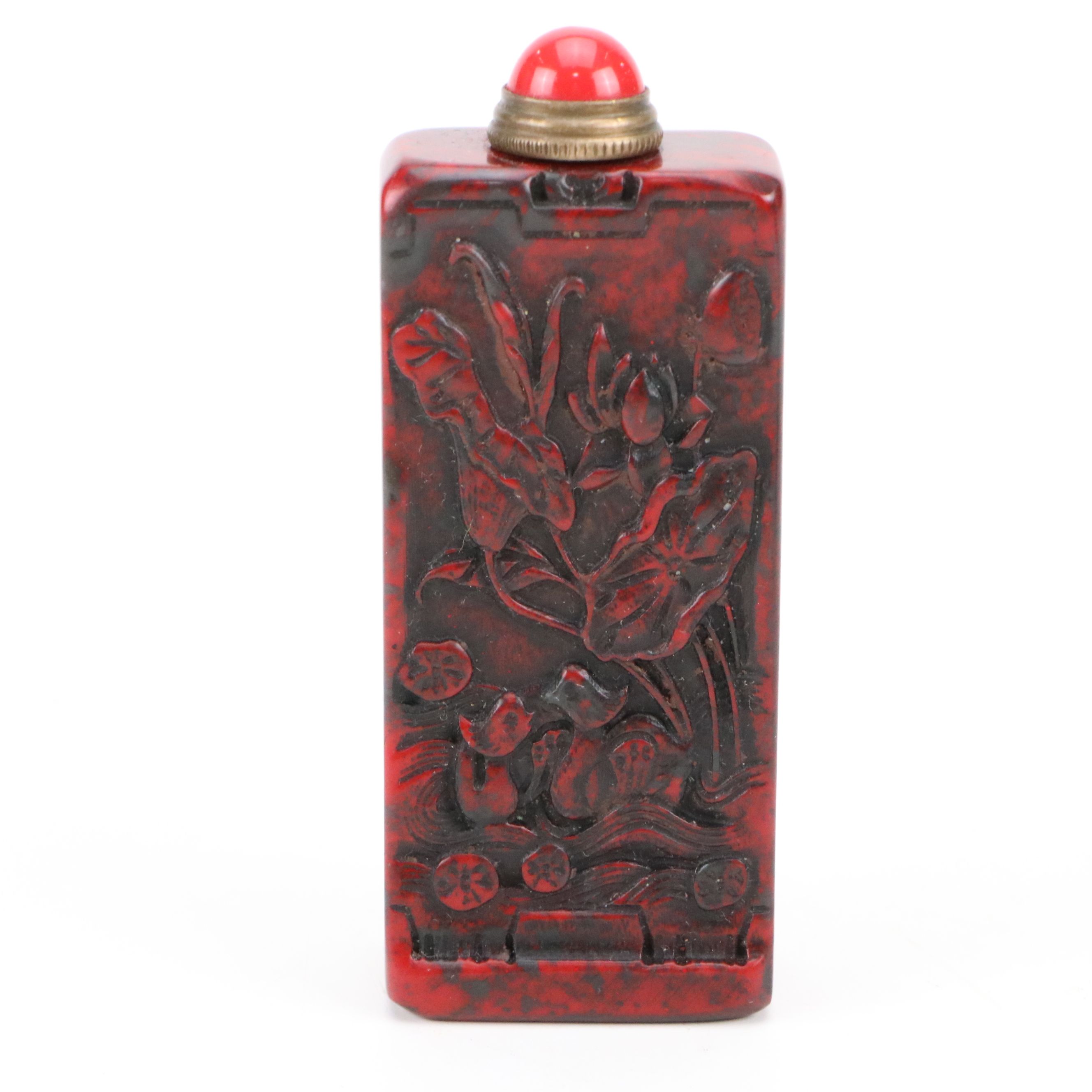 Chinese Carved Jasper Snuff Bottles with Turquoise and Glass Lids