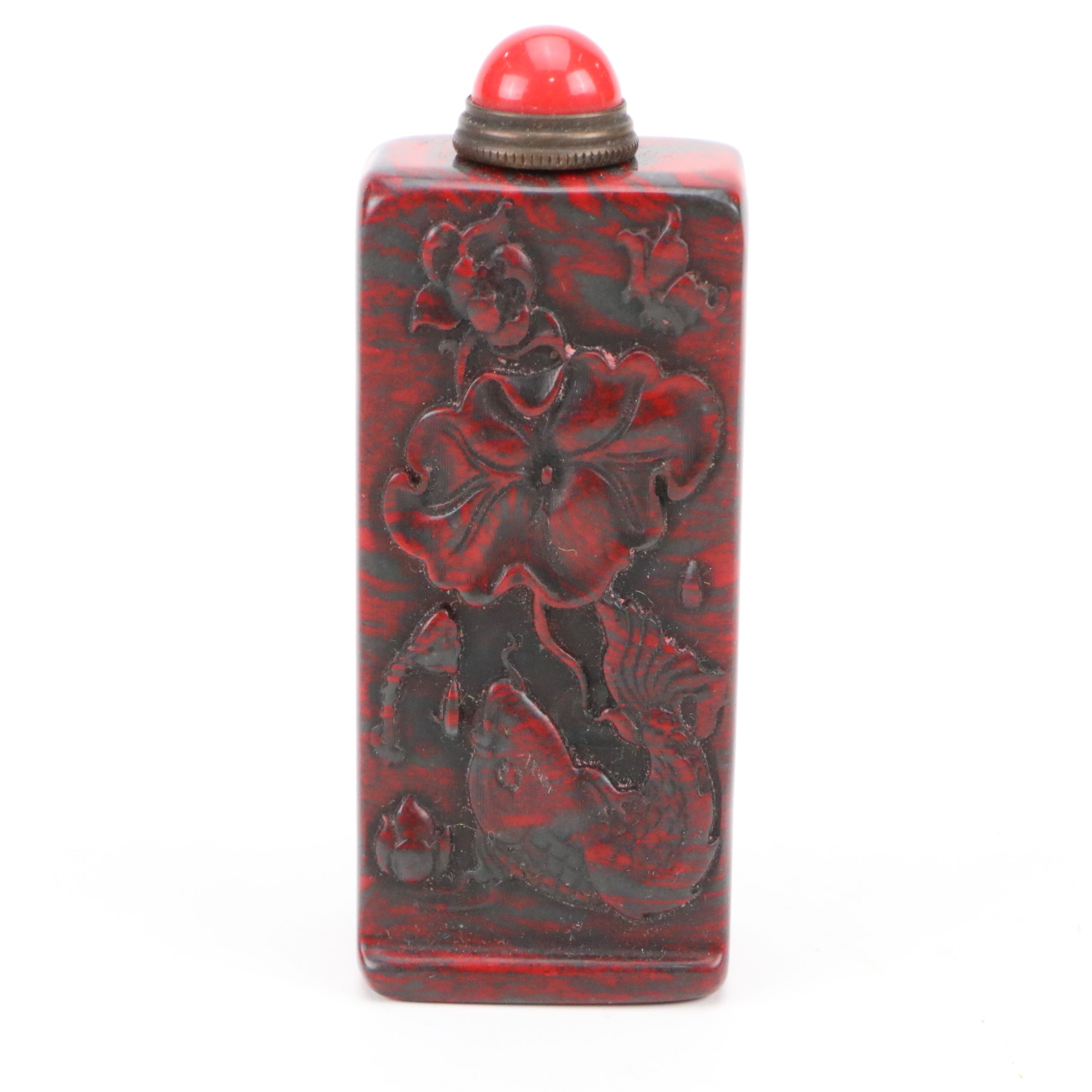 Chinese Carved Jasper Snuff Bottles with Turquoise and Glass Lids