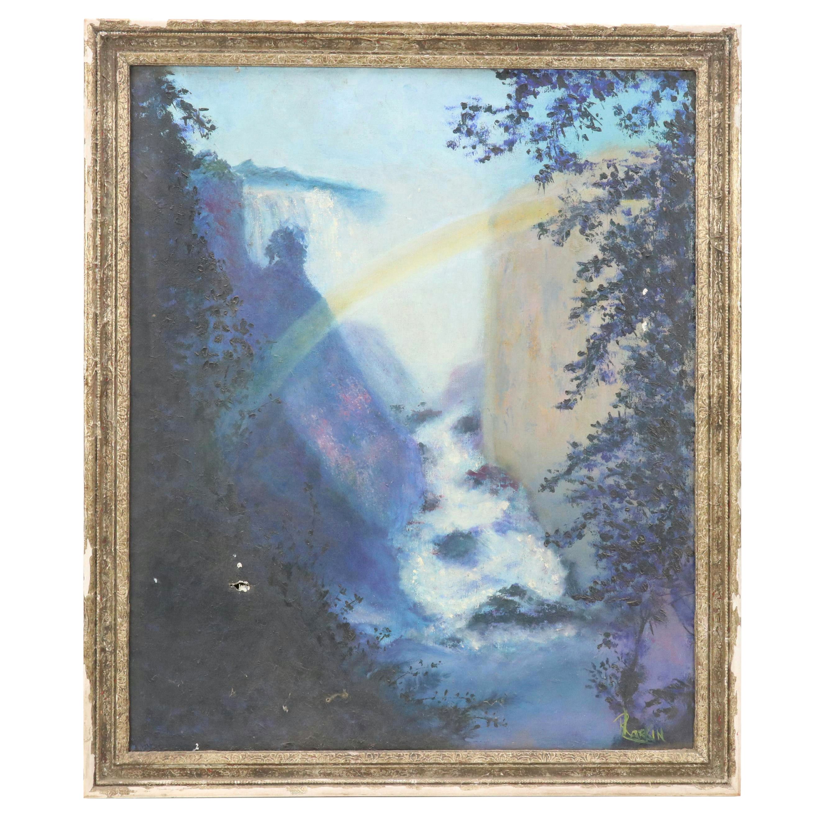 Forest Landscape Oil Painting of Waterfall with Rainbow, Late 20th Century