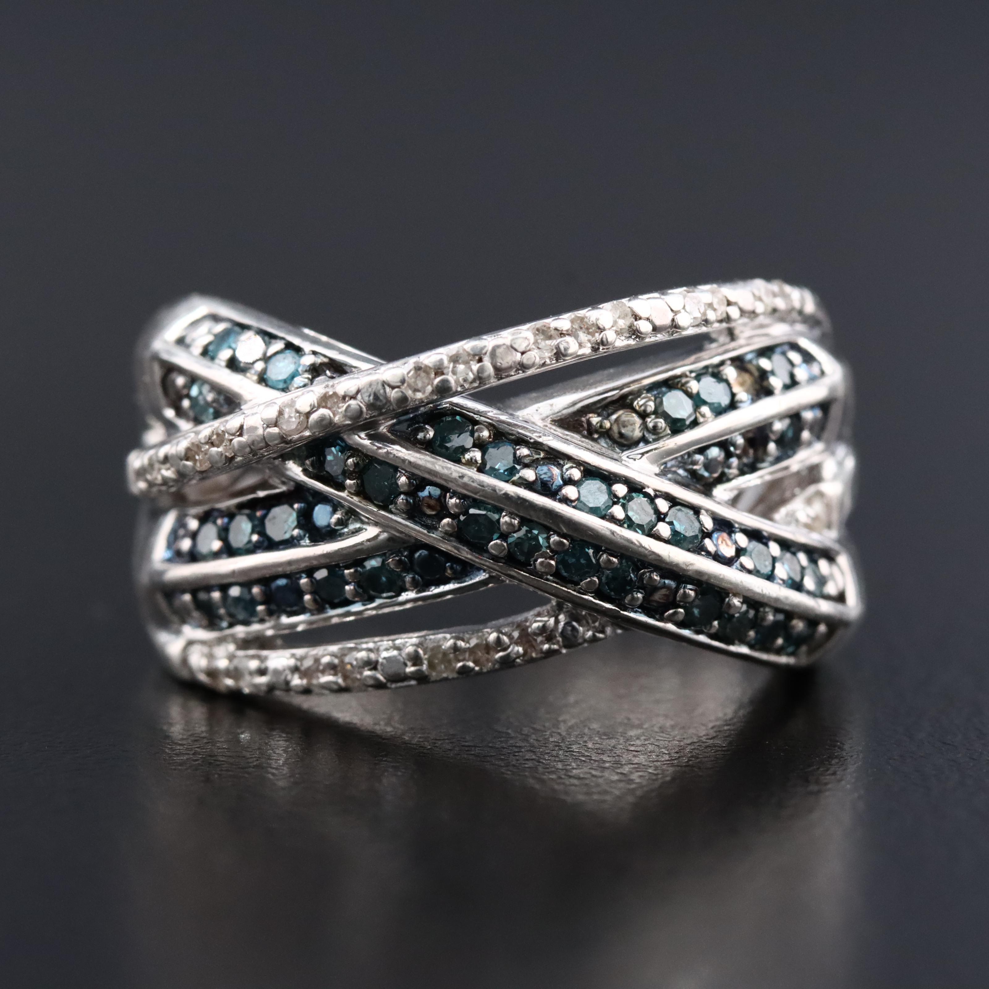 Stephen Webster Sterling Diamond Crossover Ring Featuring Lab Grown Fancy Blue