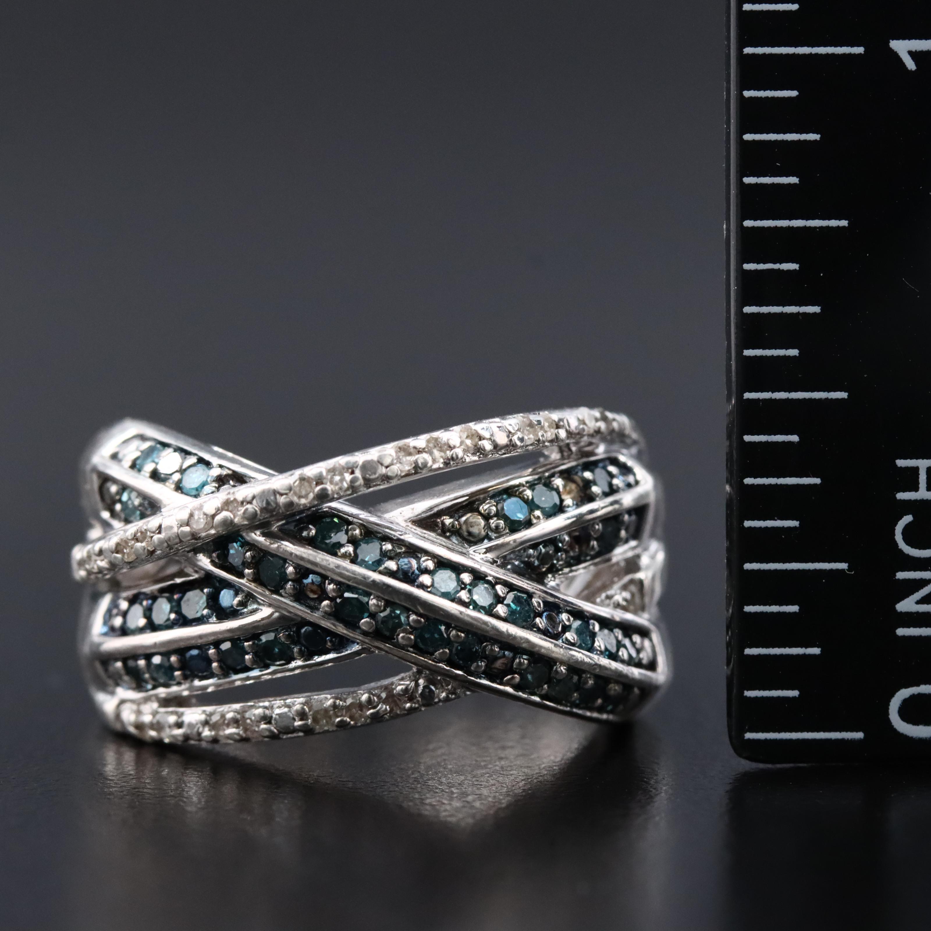 Stephen Webster Sterling Diamond Crossover Ring Featuring Lab Grown Fancy Blue