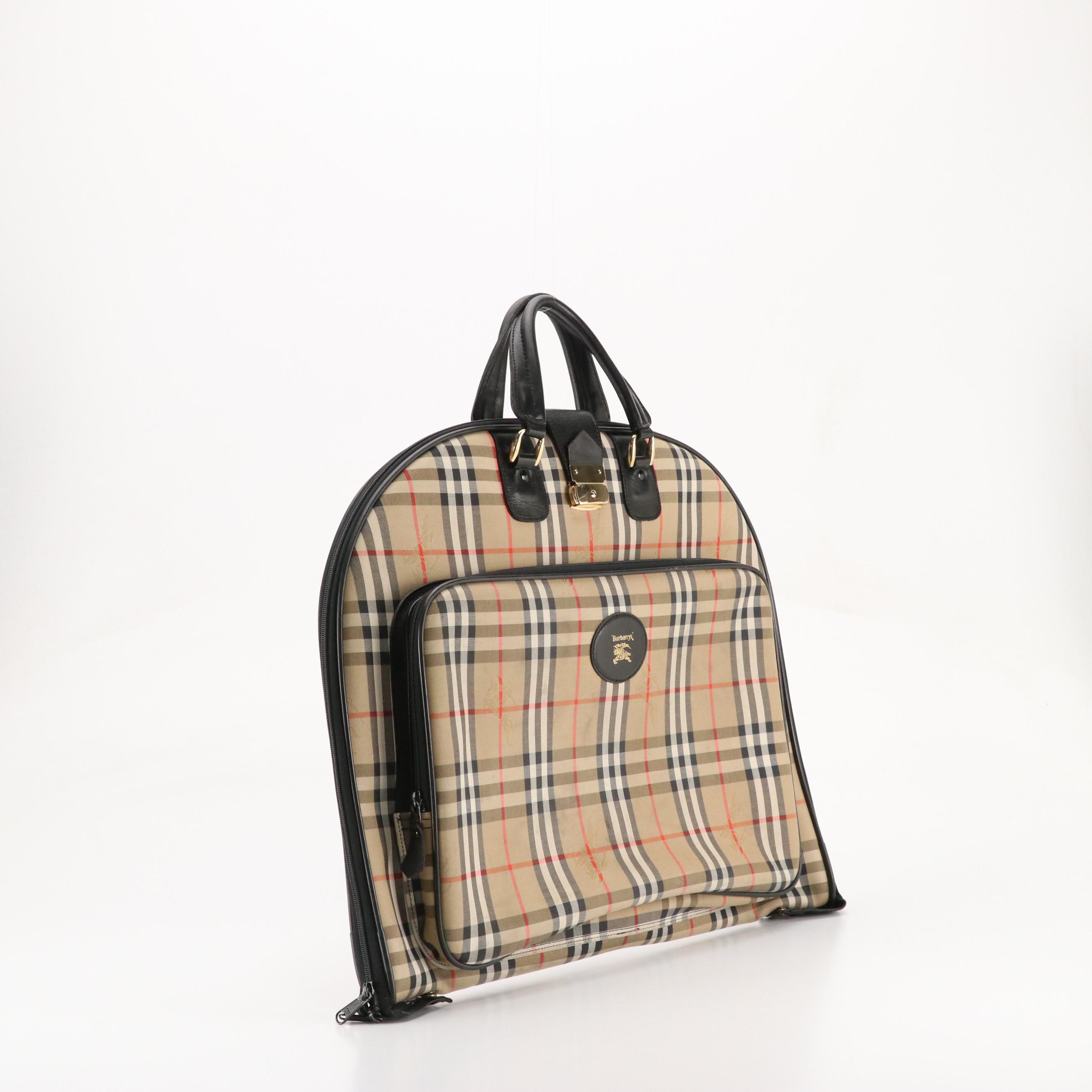 Burberrys Garment Travel Bag in Haymarket Check Canvas and Black Leather