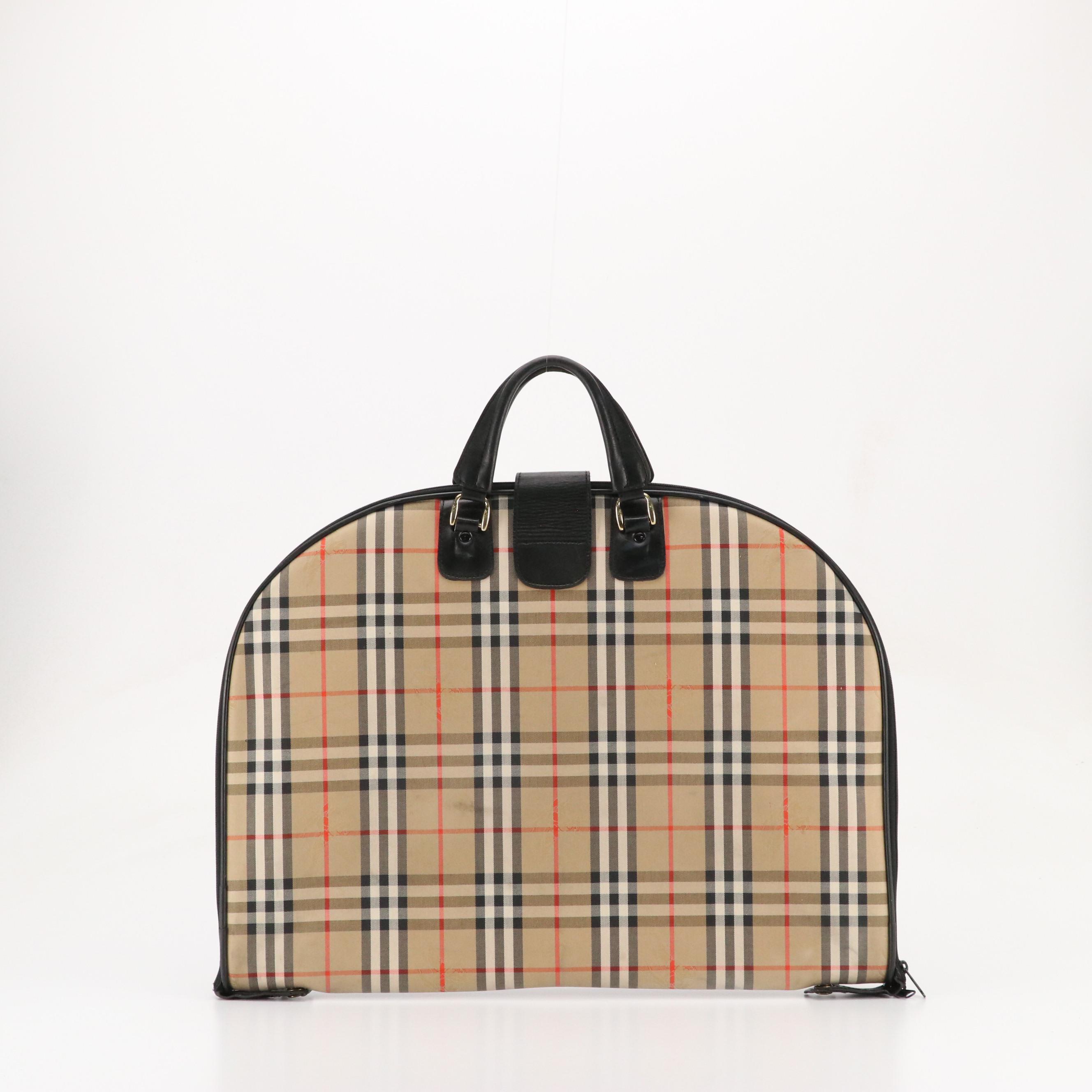 Burberrys Garment Travel Bag in Haymarket Check Canvas and Black Leather