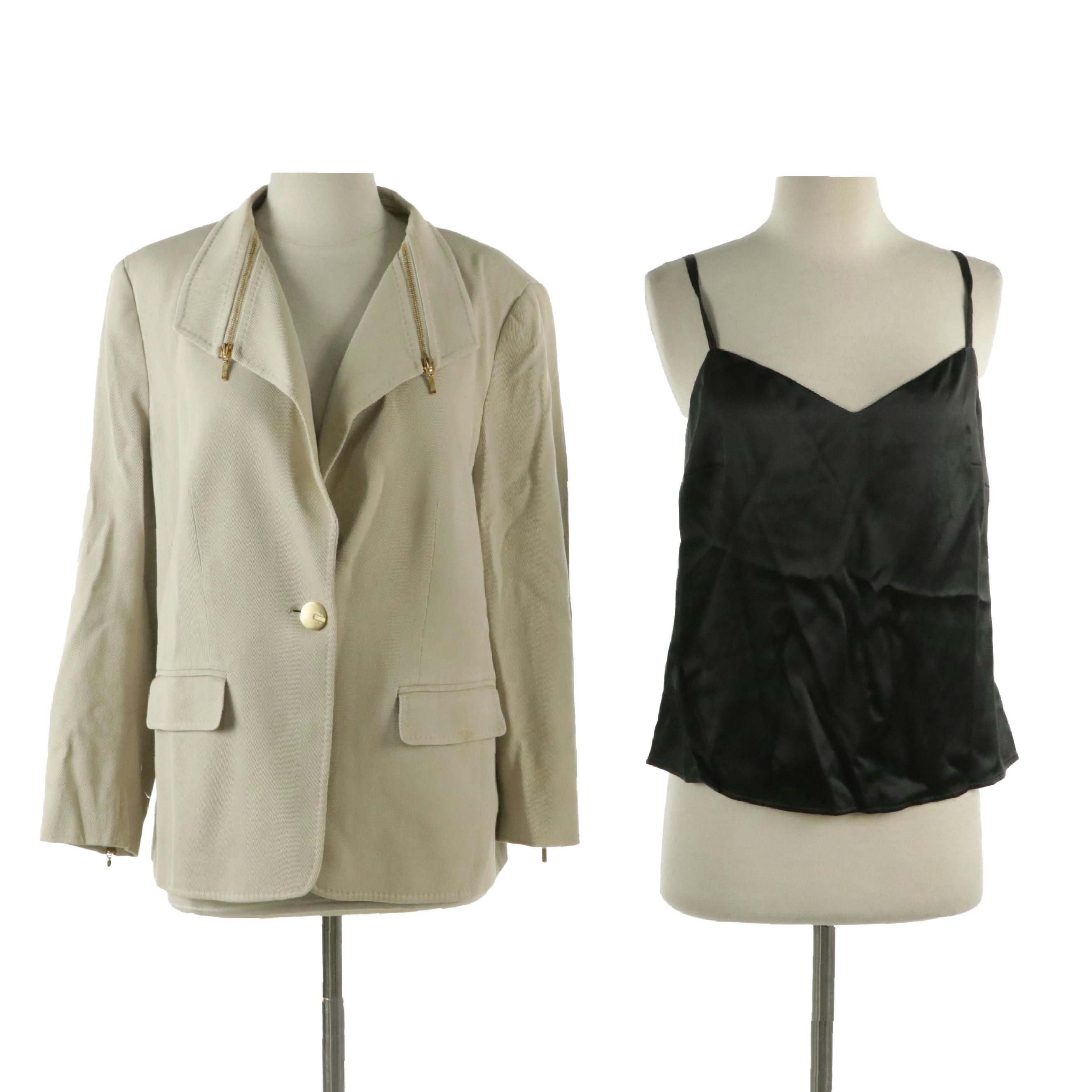 Escada Silk Satin Cami and Single-Button Jacket with Detachable Collar