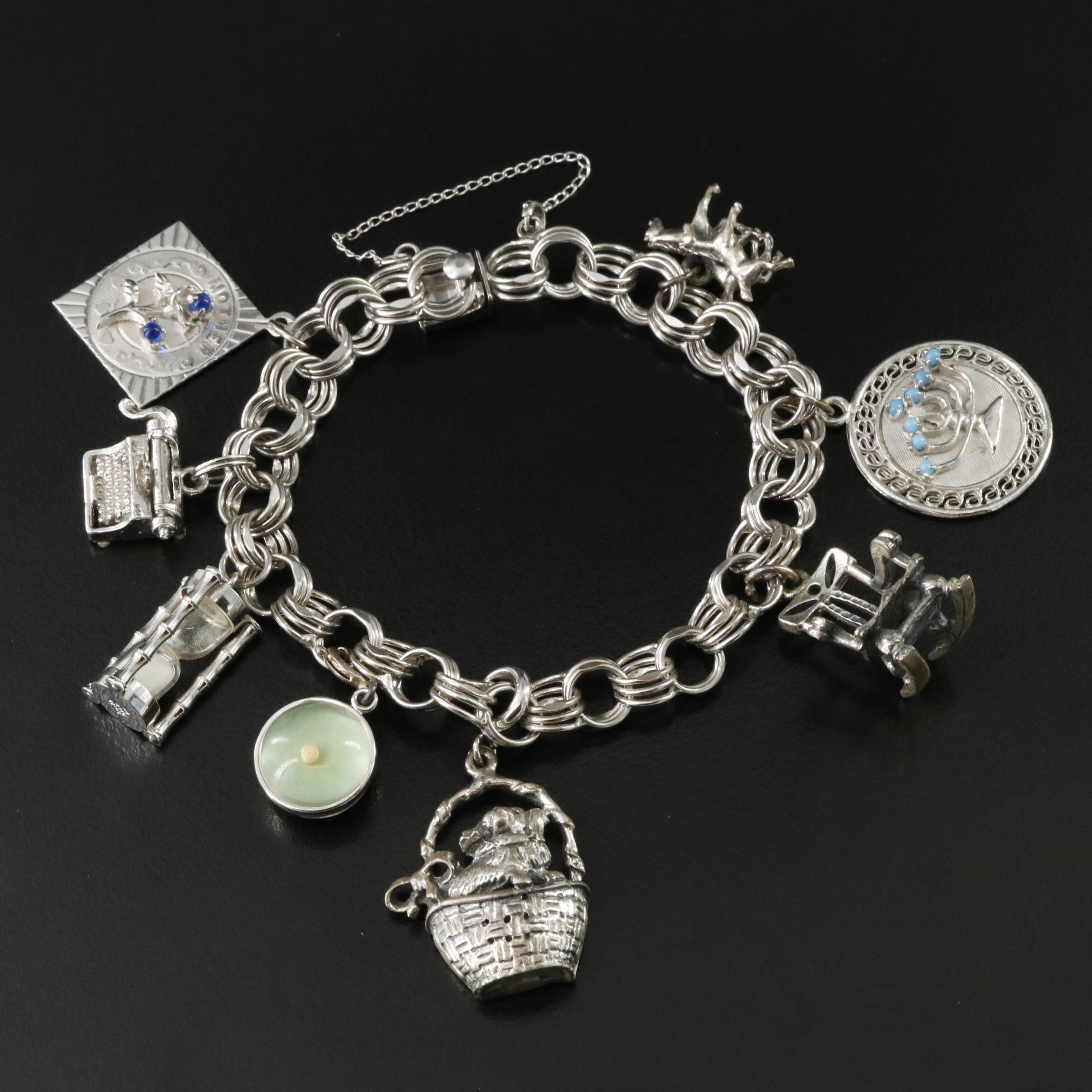 Vintage Sterling Charm Bracelet with Resin and Glass Charms