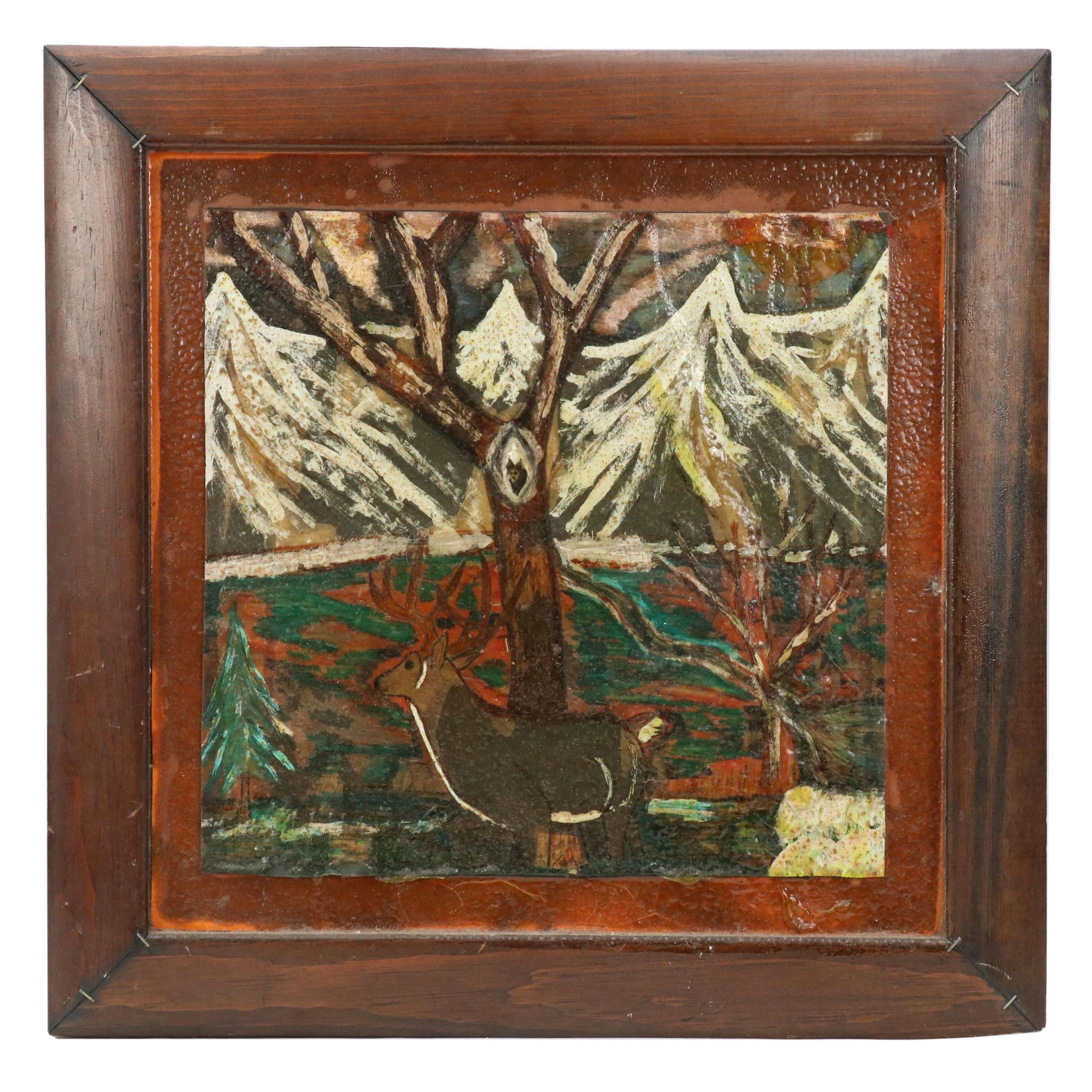 Mixed Media Painting of Wilderness Scene With Deer, Circa 1940