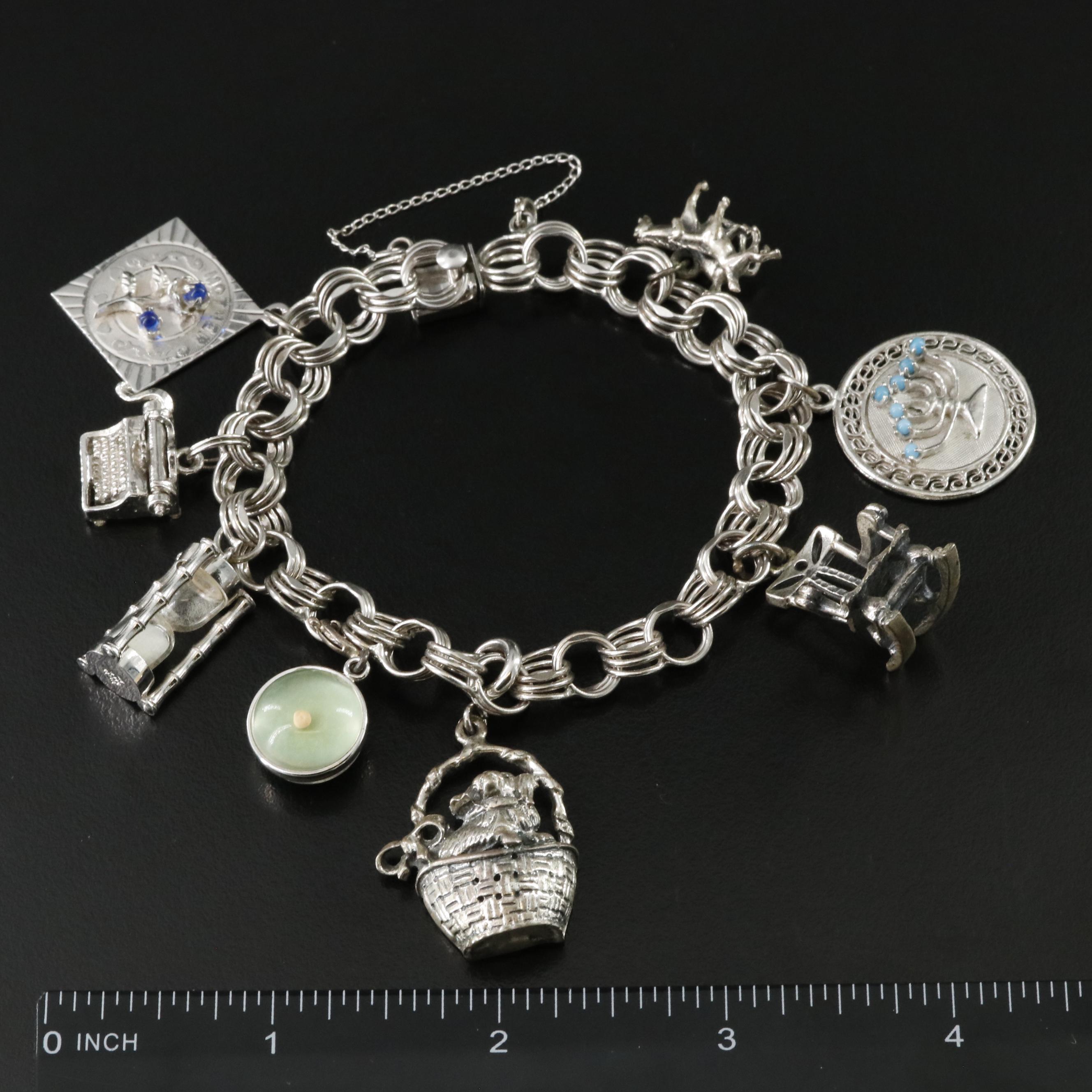 Vintage Sterling Charm Bracelet with Resin and Glass Charms