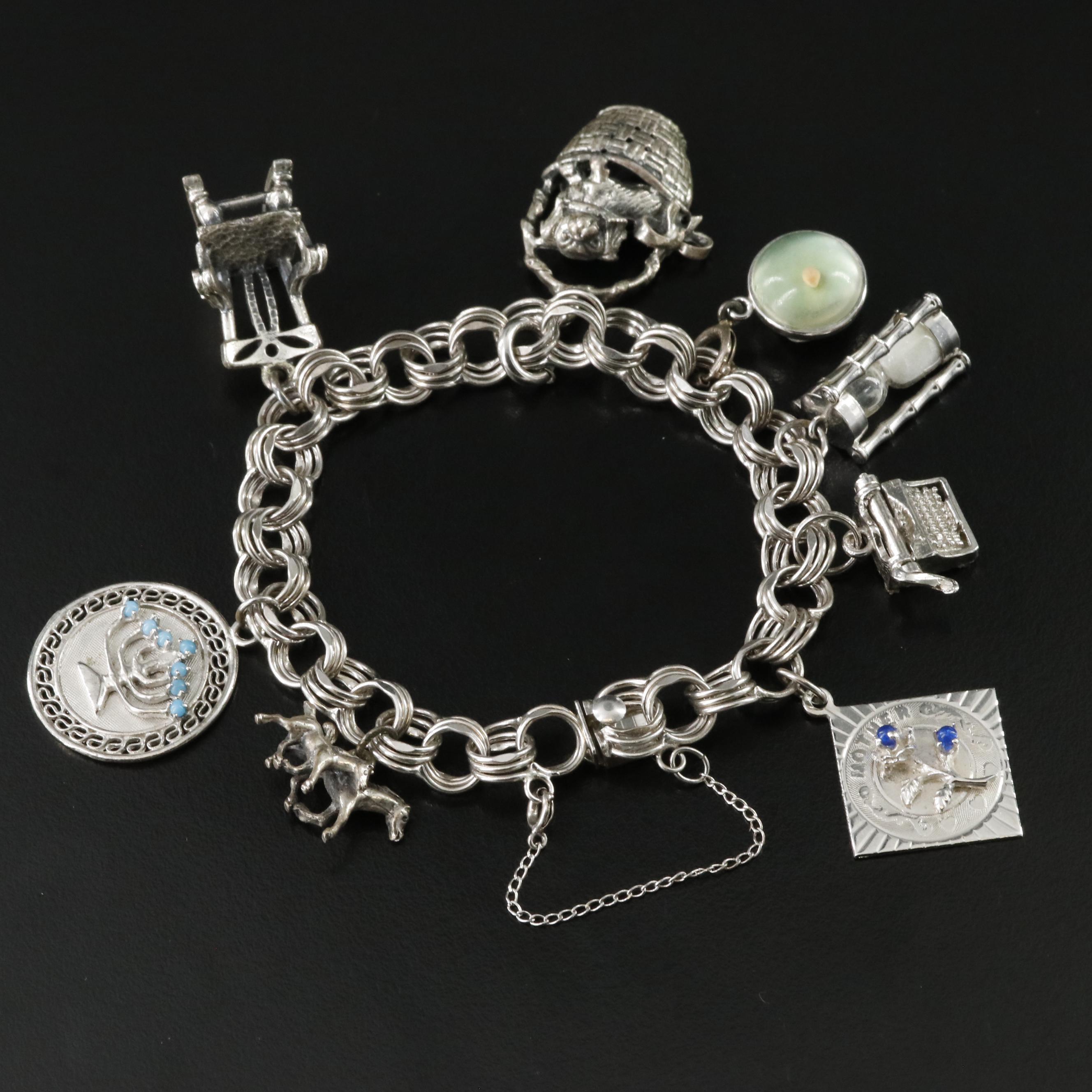 Vintage Sterling Charm Bracelet with Resin and Glass Charms