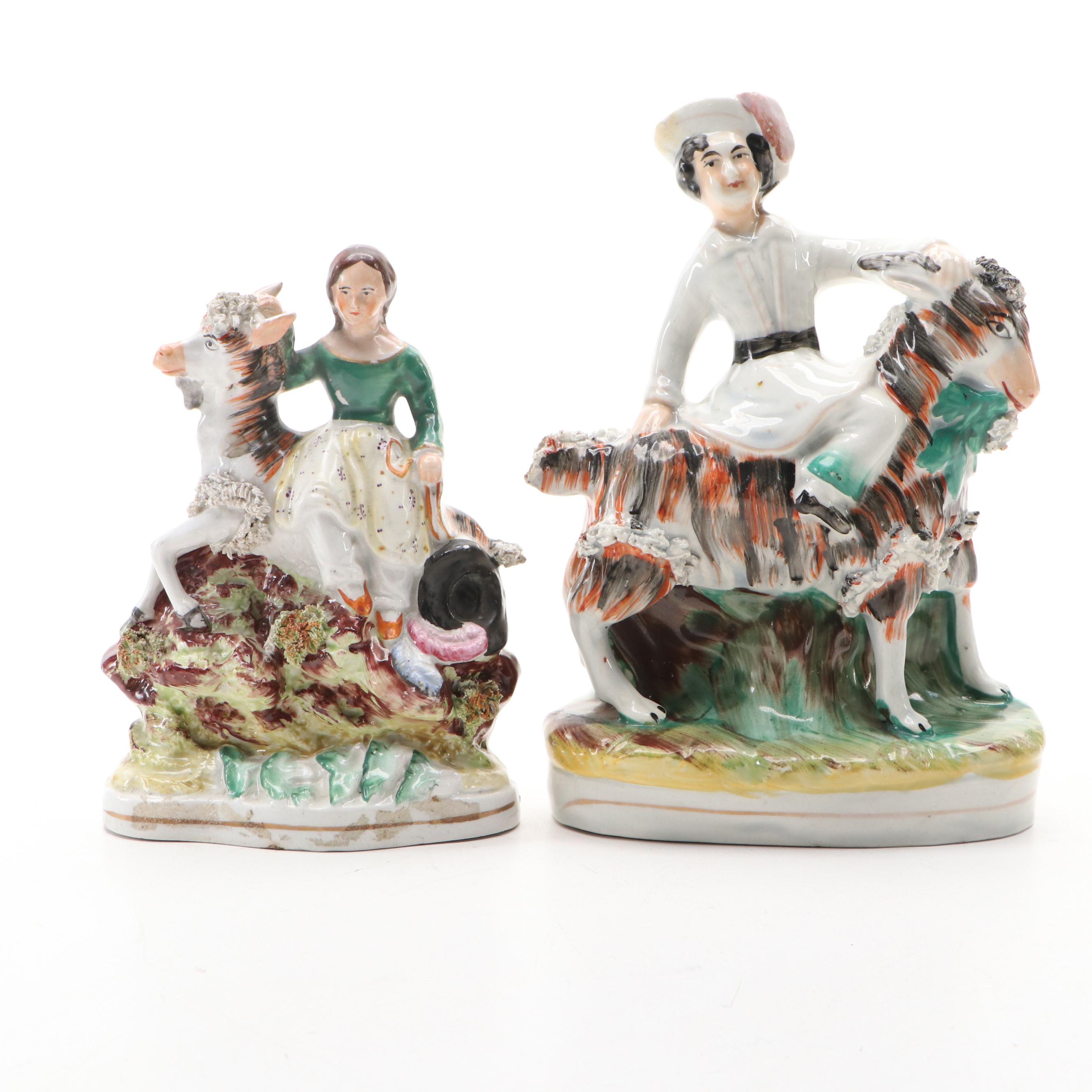 Staffordshire Children Riding Goats Figurines, 19th Century