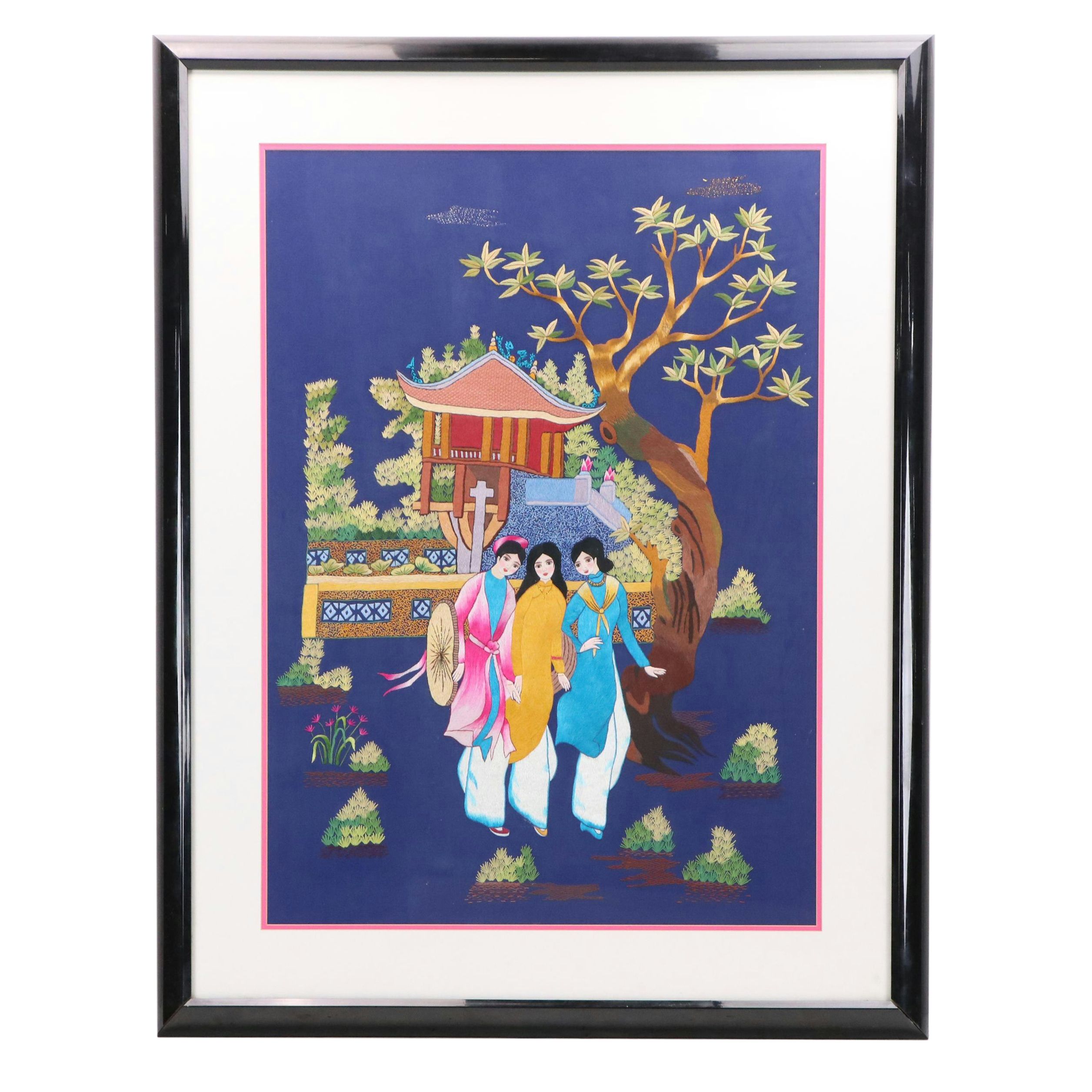 Vietnamese Silk Embroidery of Three Women "Chùa Một Cột và Cây đa"