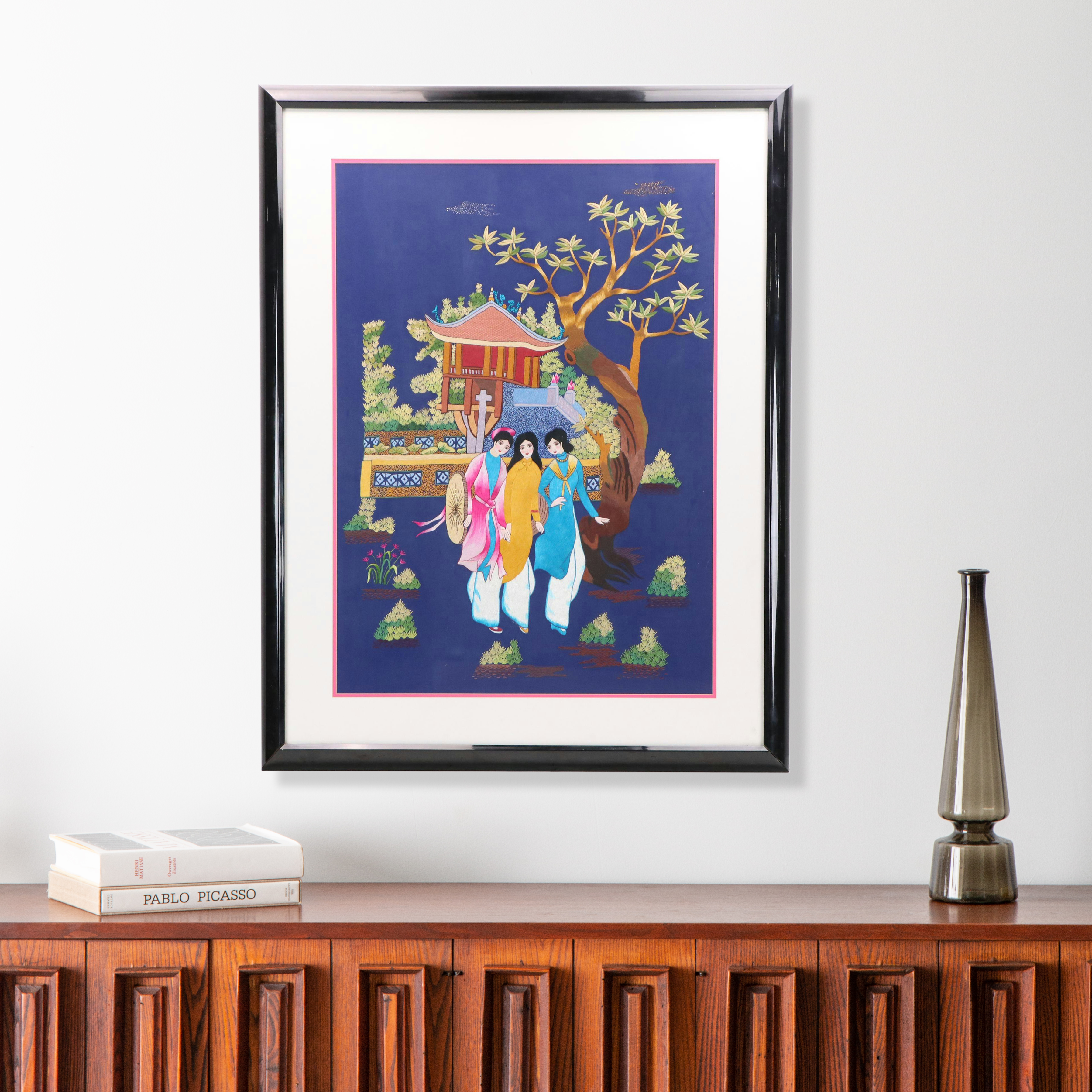 Vietnamese Silk Embroidery of Three Women "Chùa Một Cột và Cây đa"
