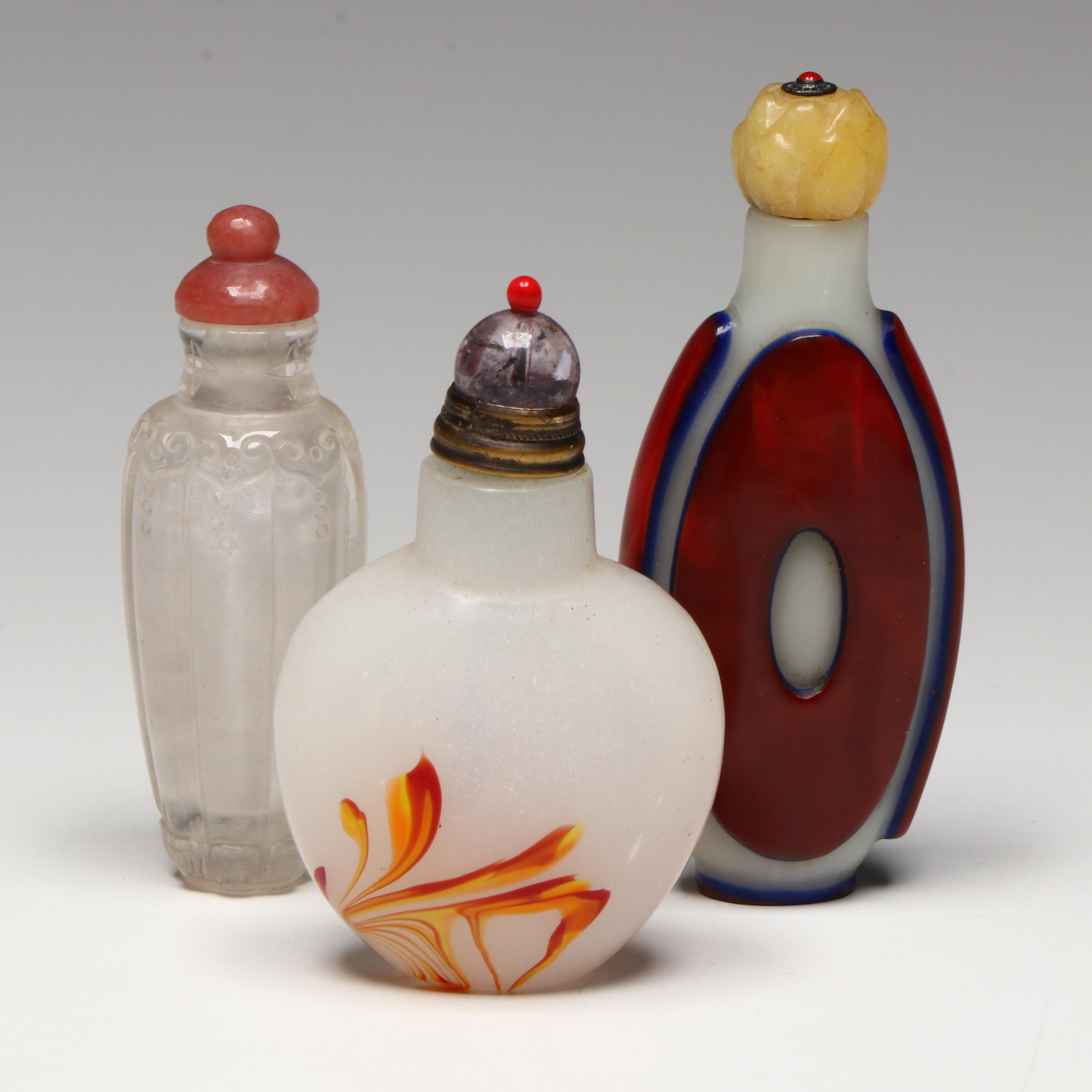 Chinese Cut Glass and Peking Glass Snuff Bottles with Glass and Stone Stoppers
