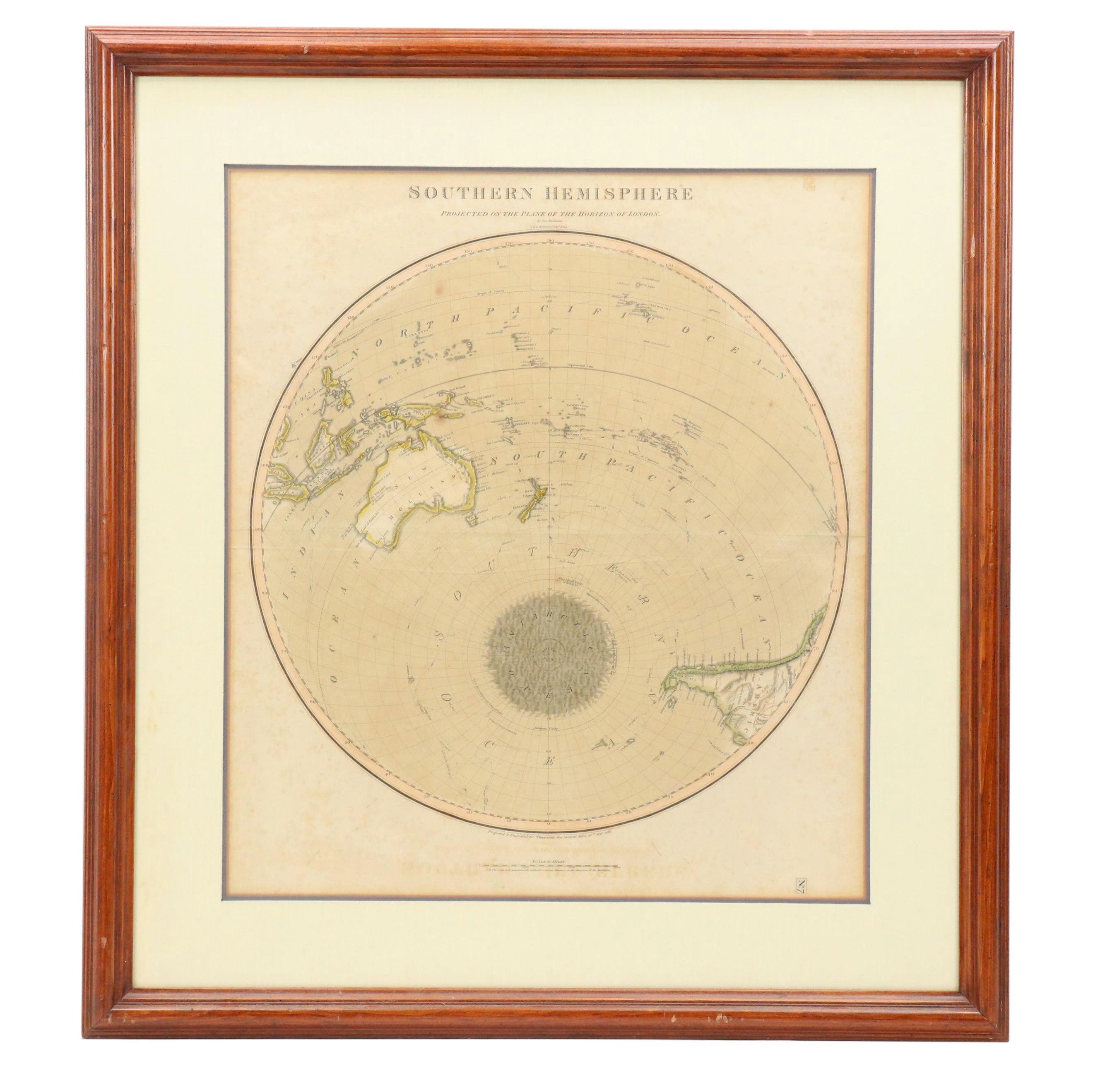 Hand-Colored Map Engraving "Southern Hemisphere," 1816