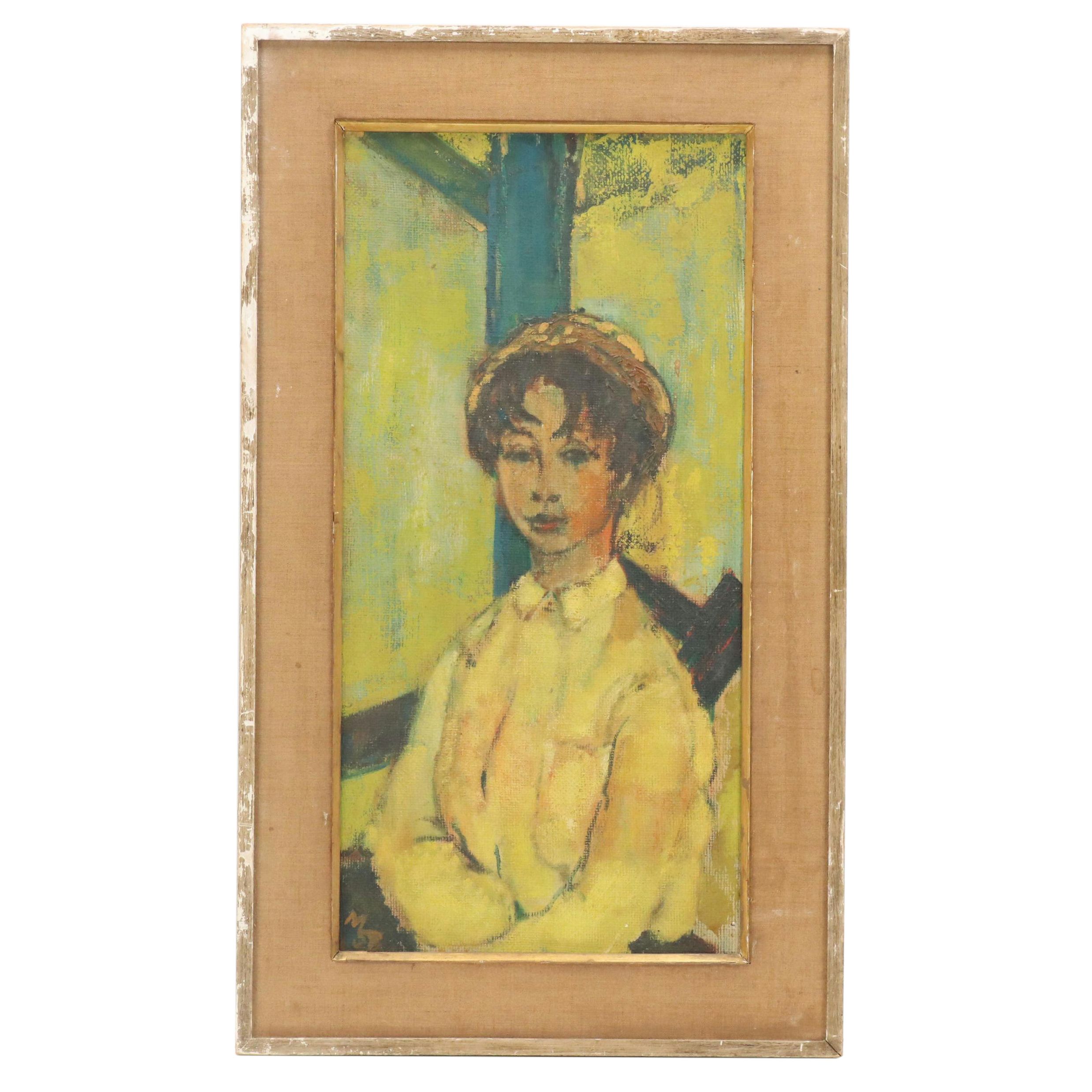 Portrait Oil Painting of Lady in Yellow, Circa 1959
