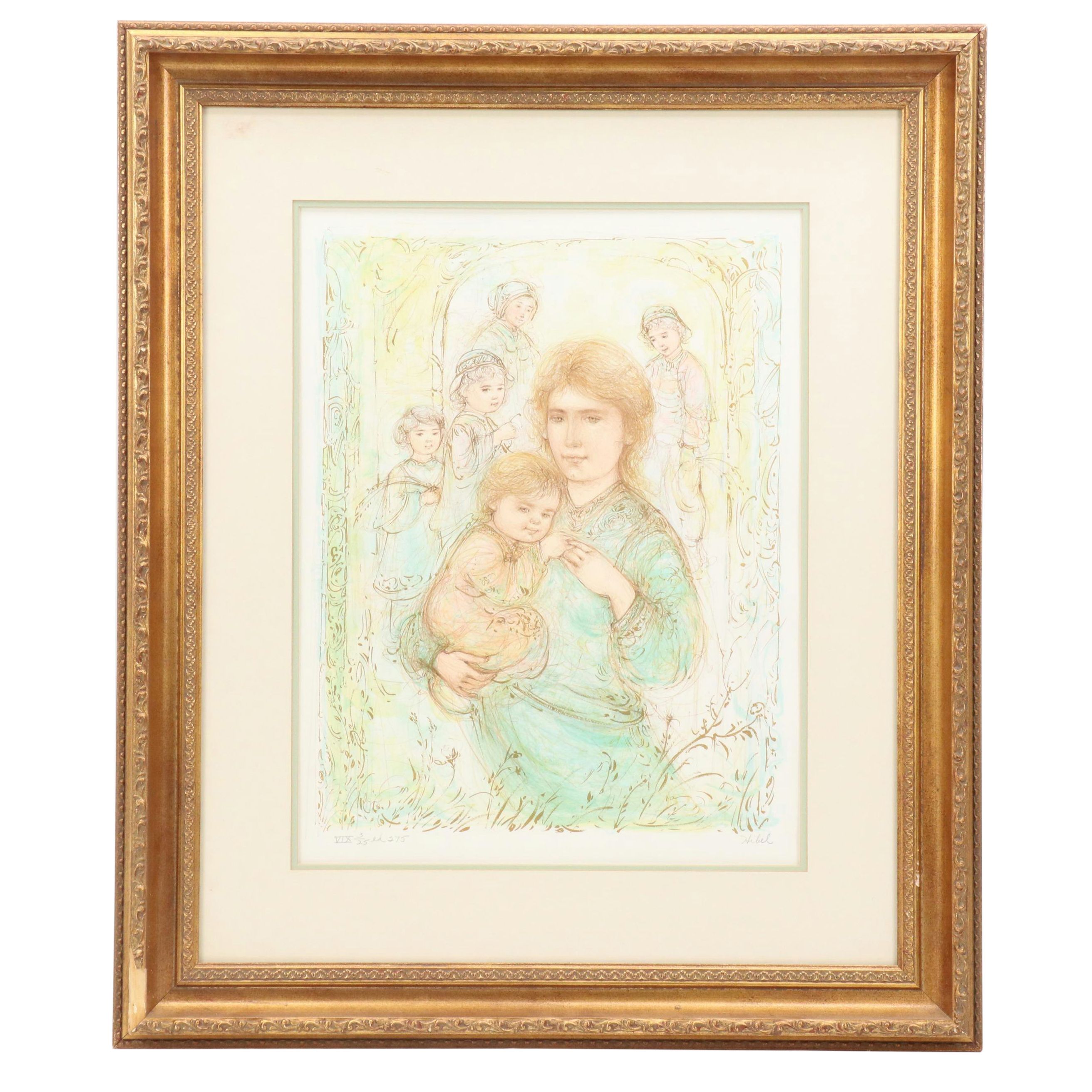 Edna Hibel Figurative Lithograph of Family Portrait "Arielle & Amy"