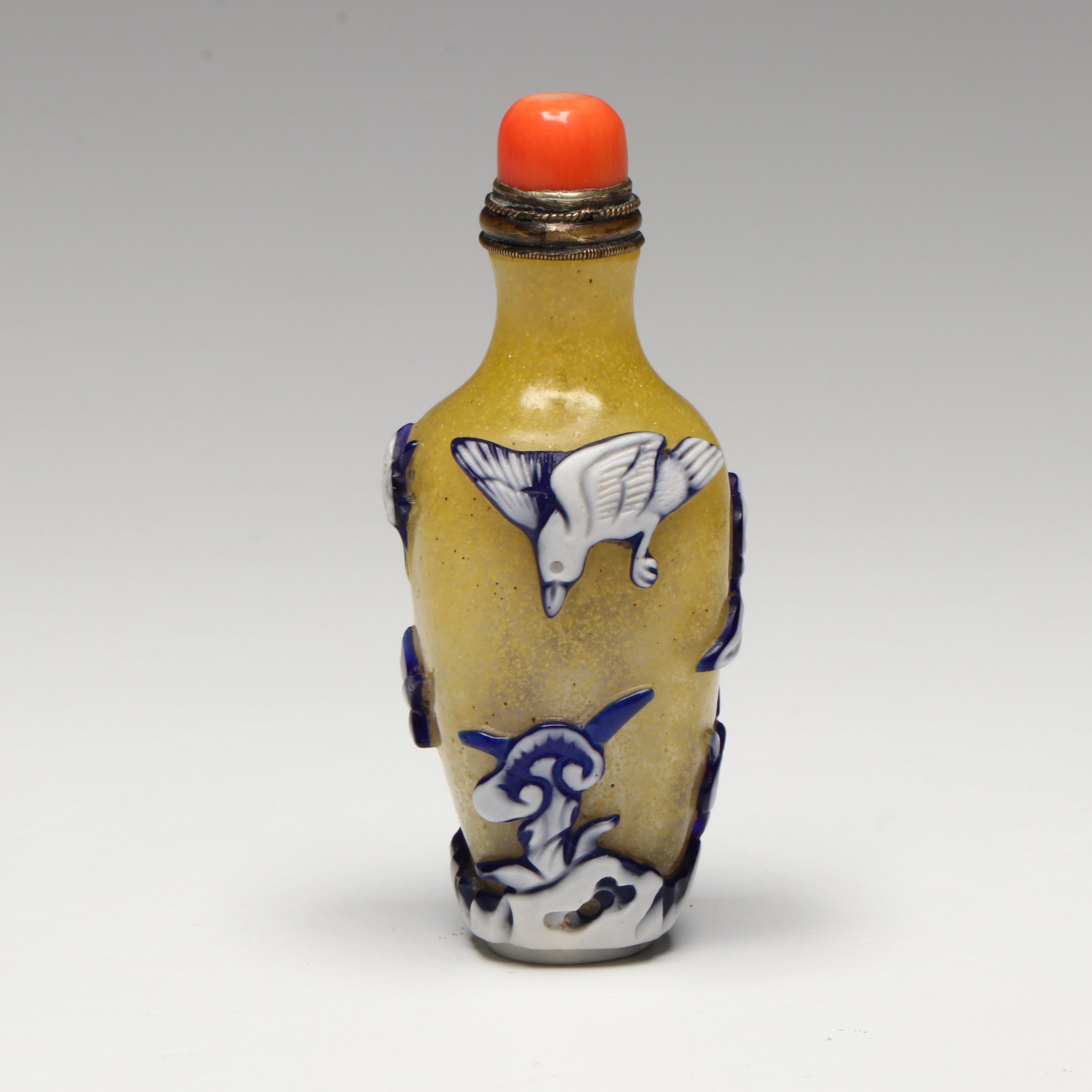 Chinese Bird Overlay Peking Glass Snuff Bottle