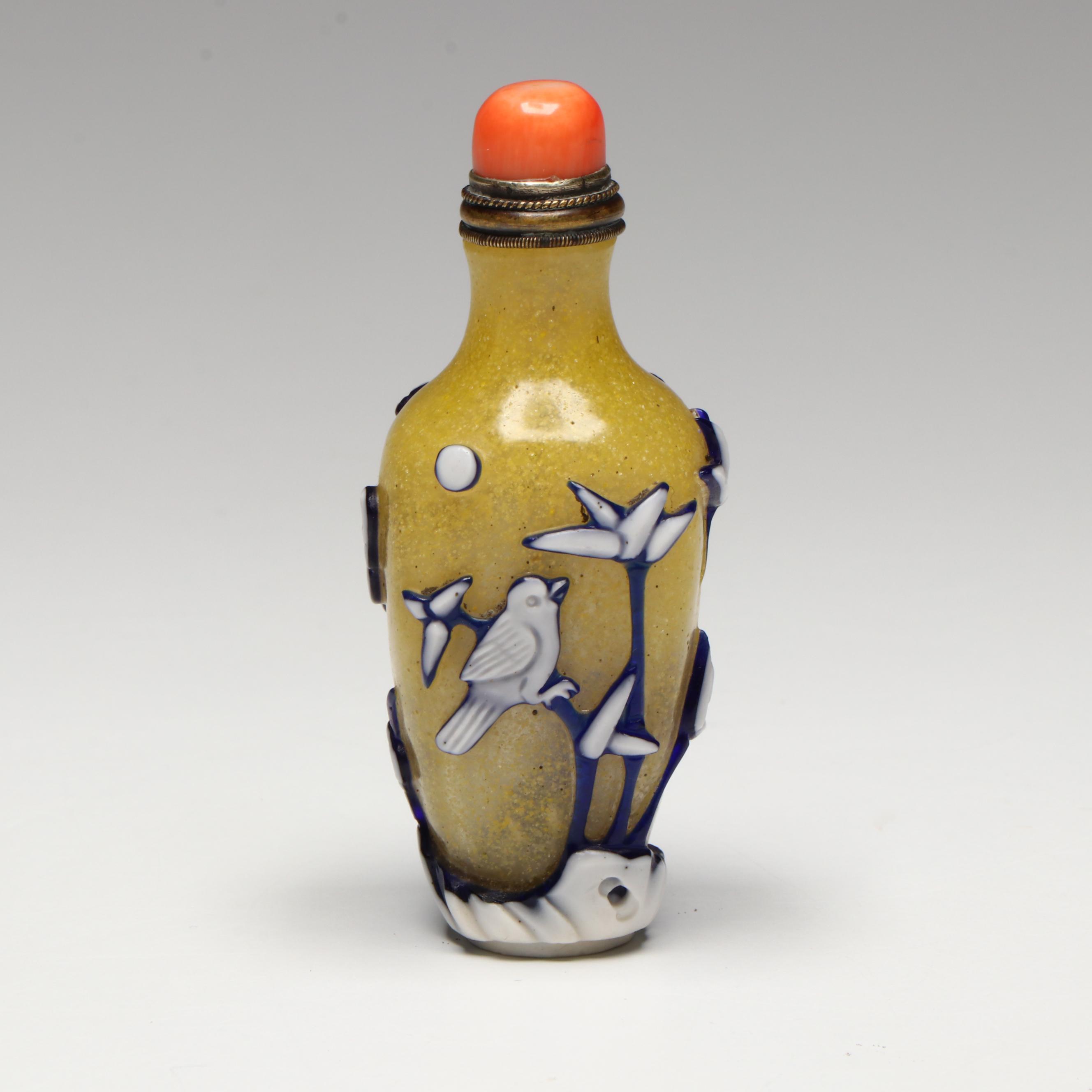 Chinese Bird Overlay Peking Glass Snuff Bottle