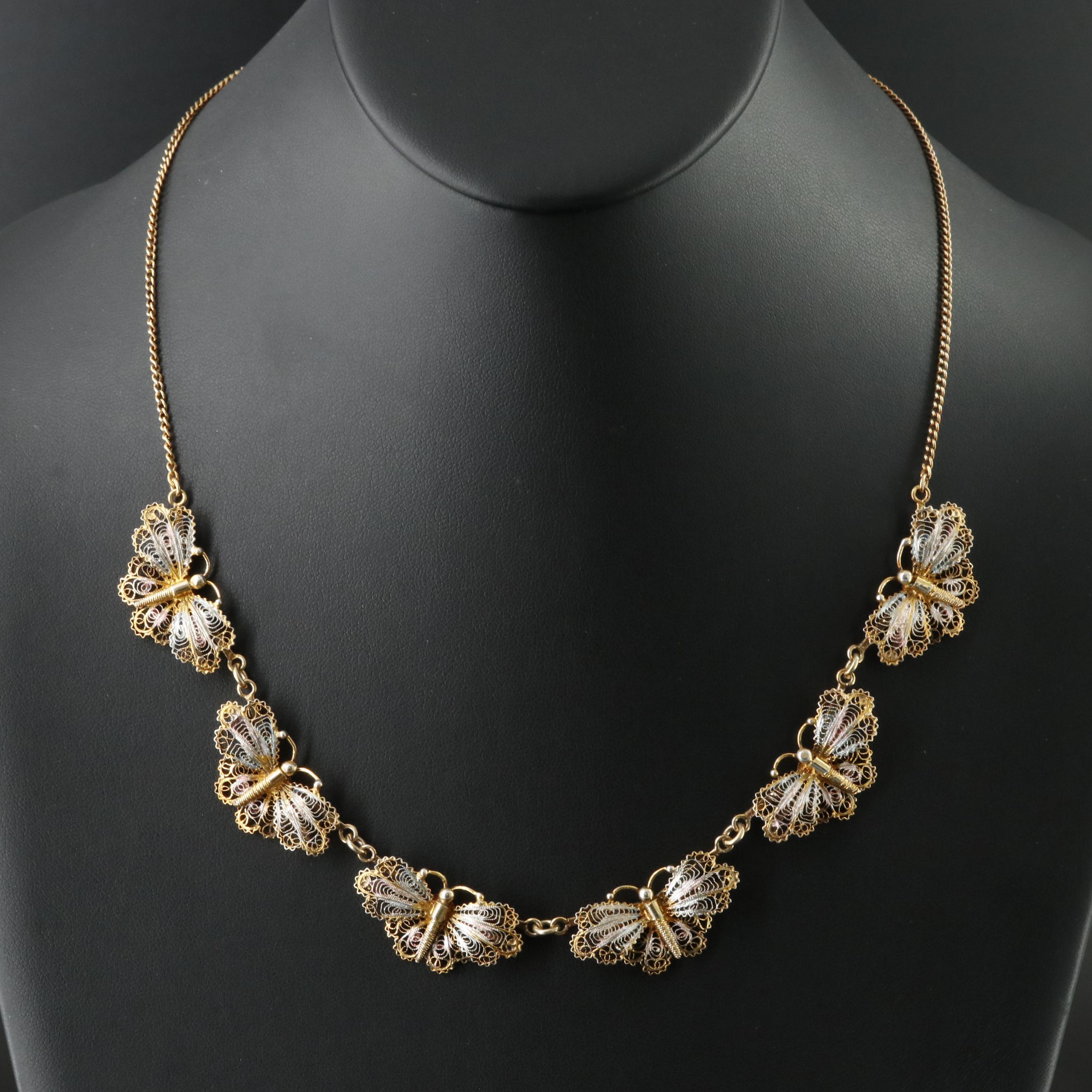 Vintage 800 Silver Filigree Butterfly Necklace