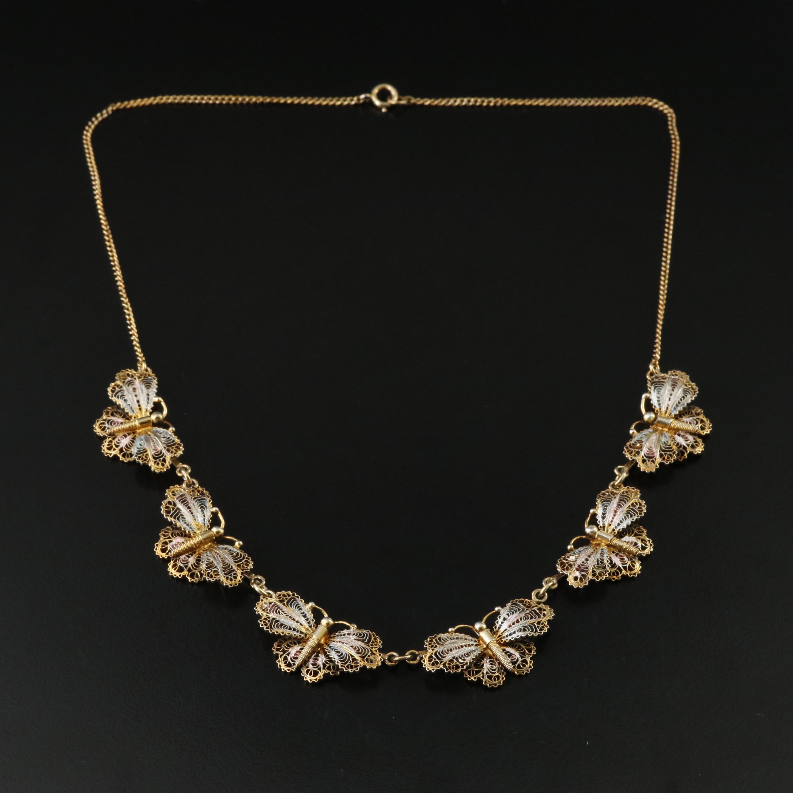 Vintage 800 Silver Filigree Butterfly Necklace