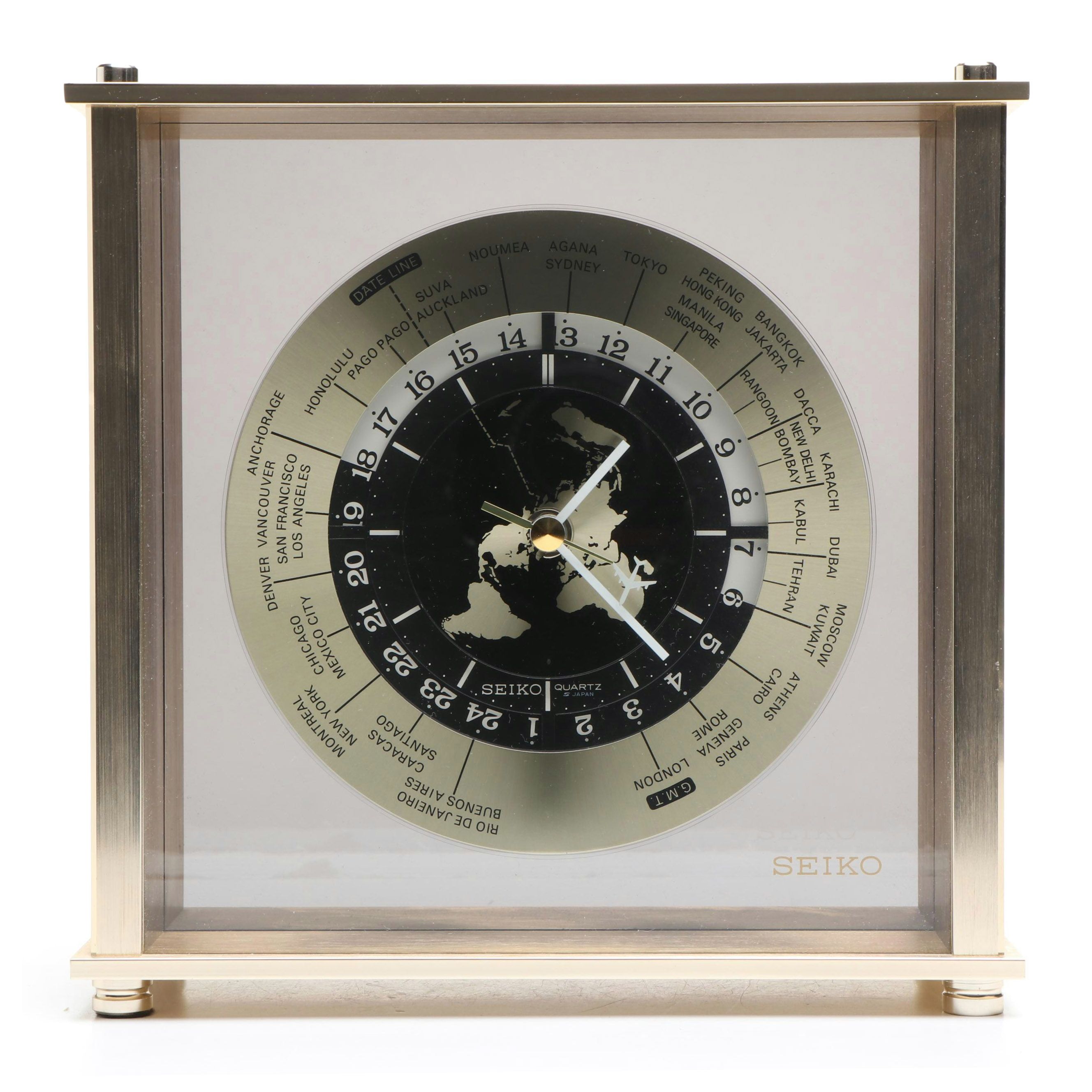 Seiko Metal and Glass World Timezone Desk Clock