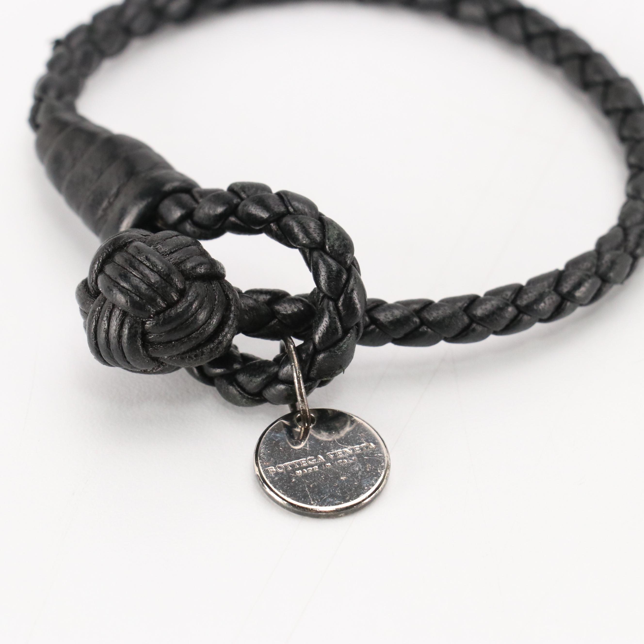 Bottega Veneta Knot Bracelet in Braided Leather with Sterling Charm