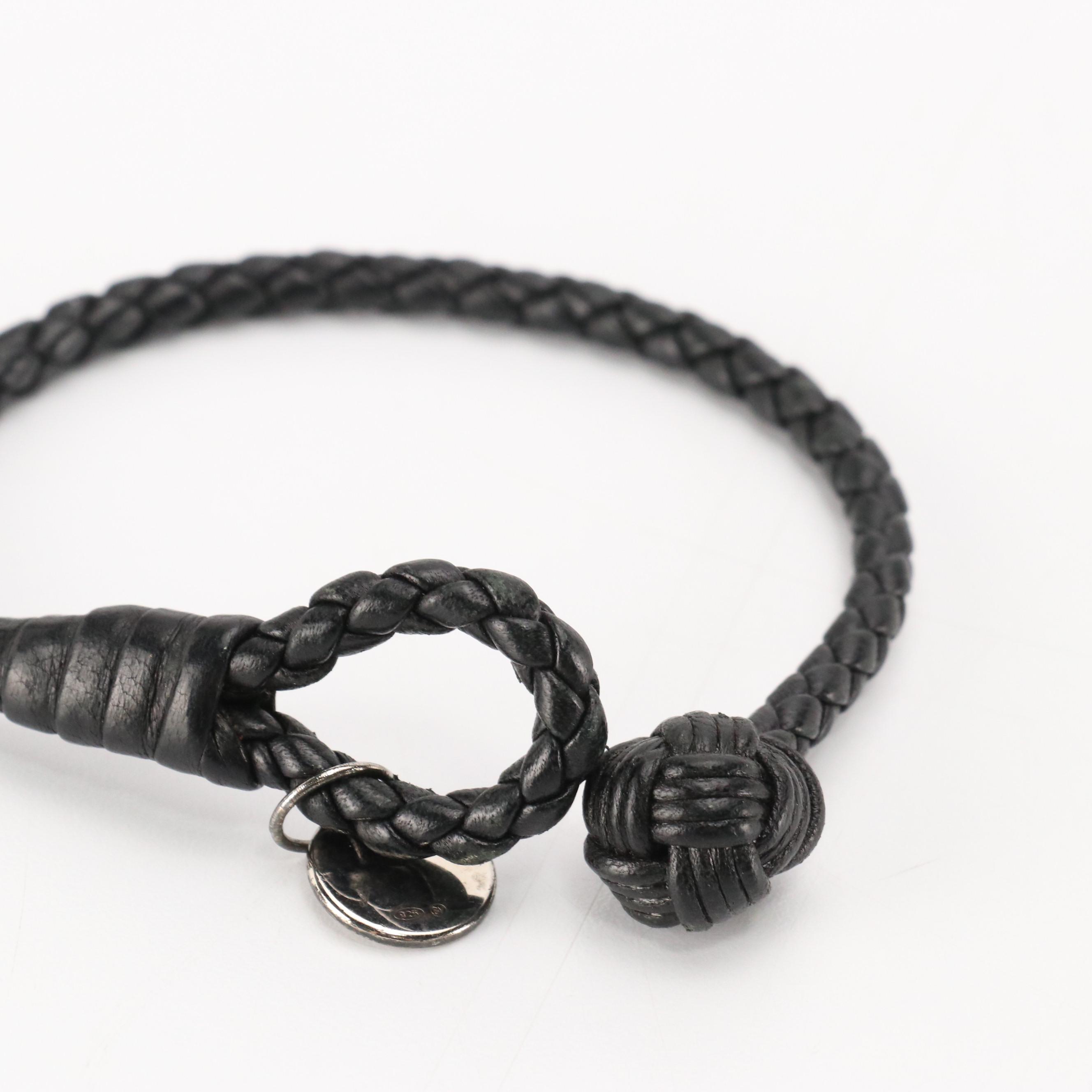 Bottega Veneta Knot Bracelet in Braided Leather with Sterling Charm