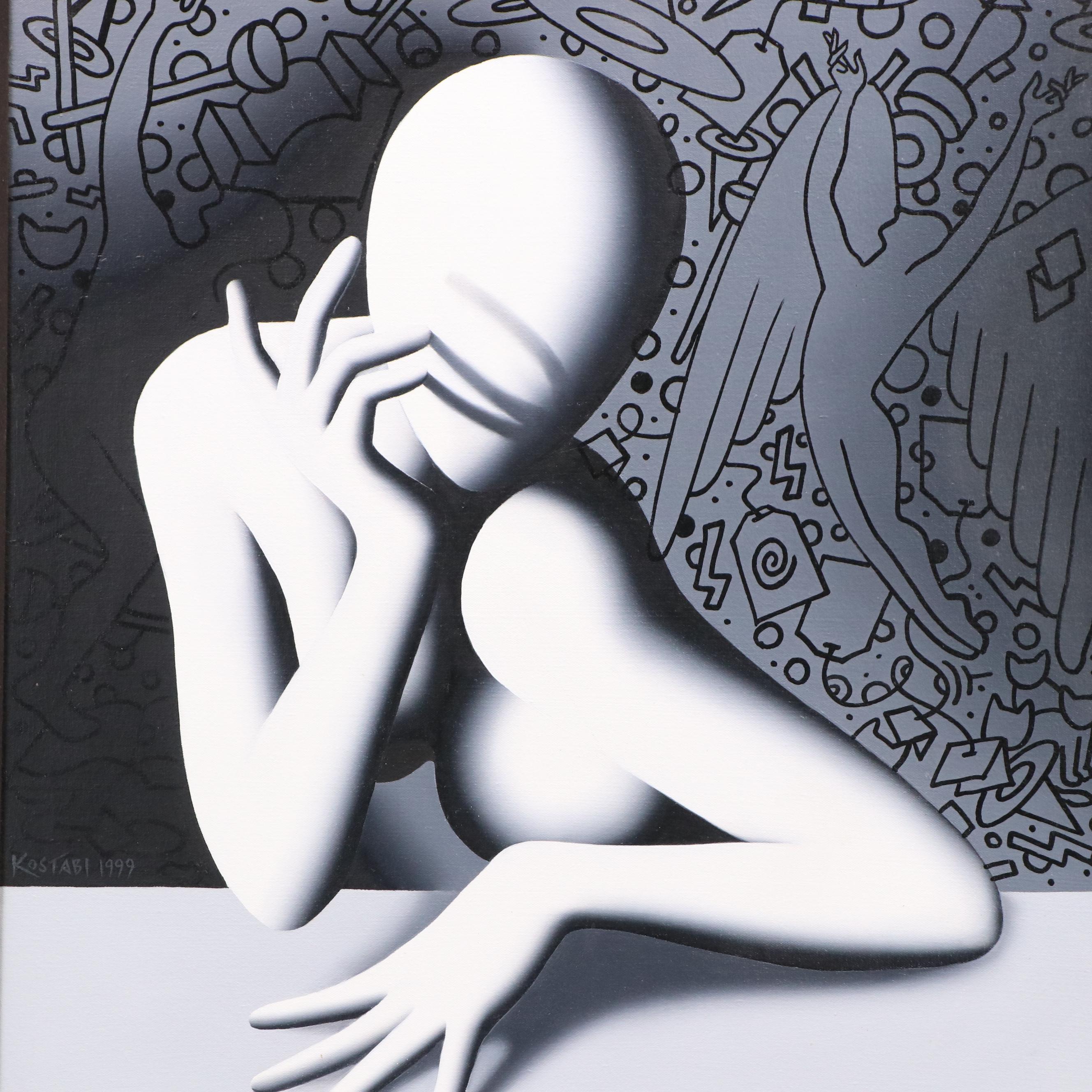 Mark Kostabi Oil Painting "Musing," 1999