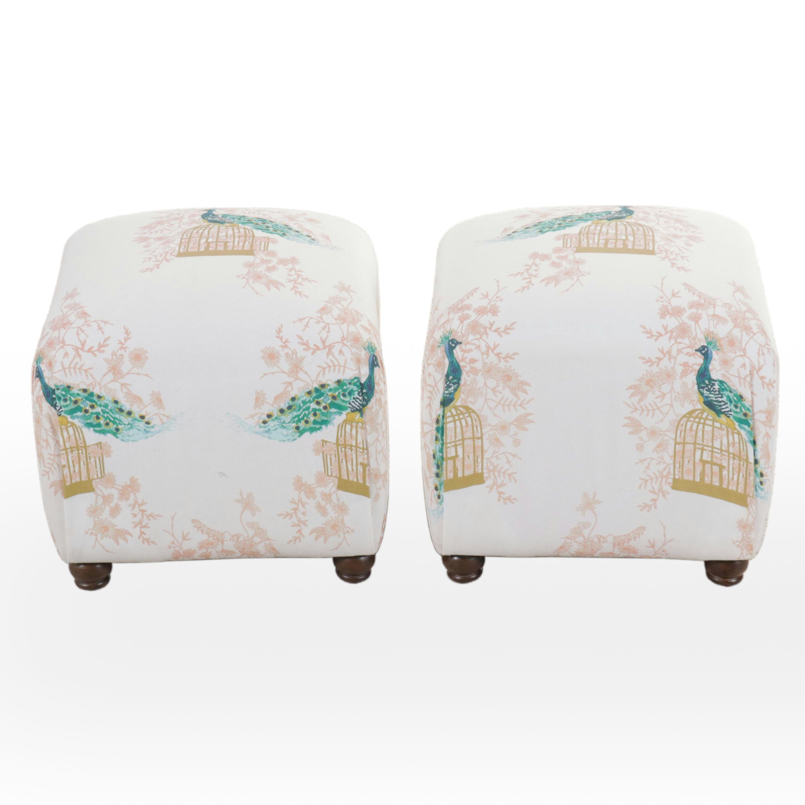 Pair of Skyline Imports Peacock Motif Upholstered Ottomans, 2018