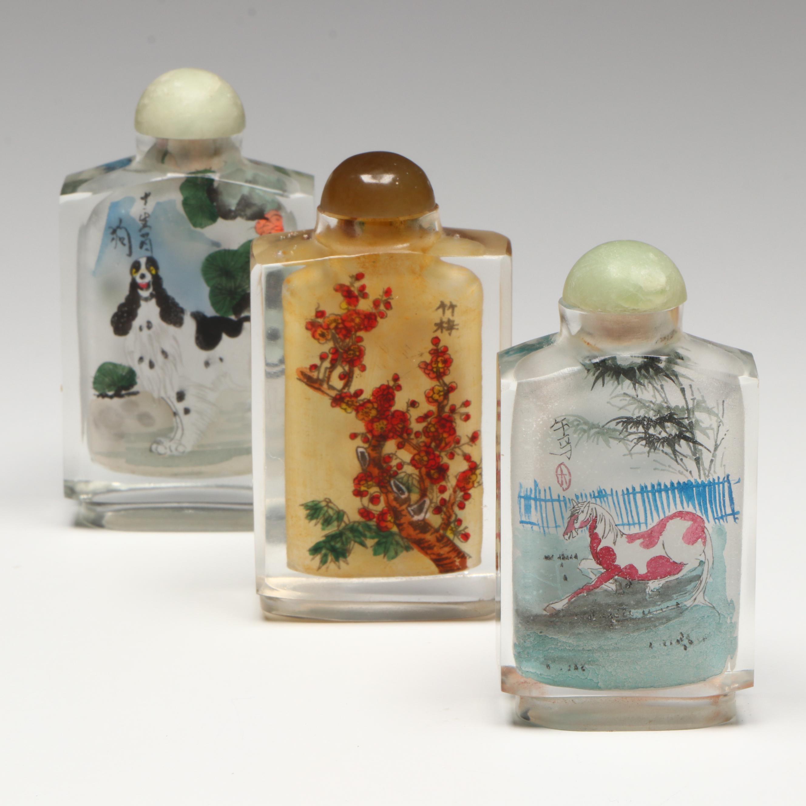 Chinese Reverse Painted Glass Dog, Floral and Horse Snuff Bottles