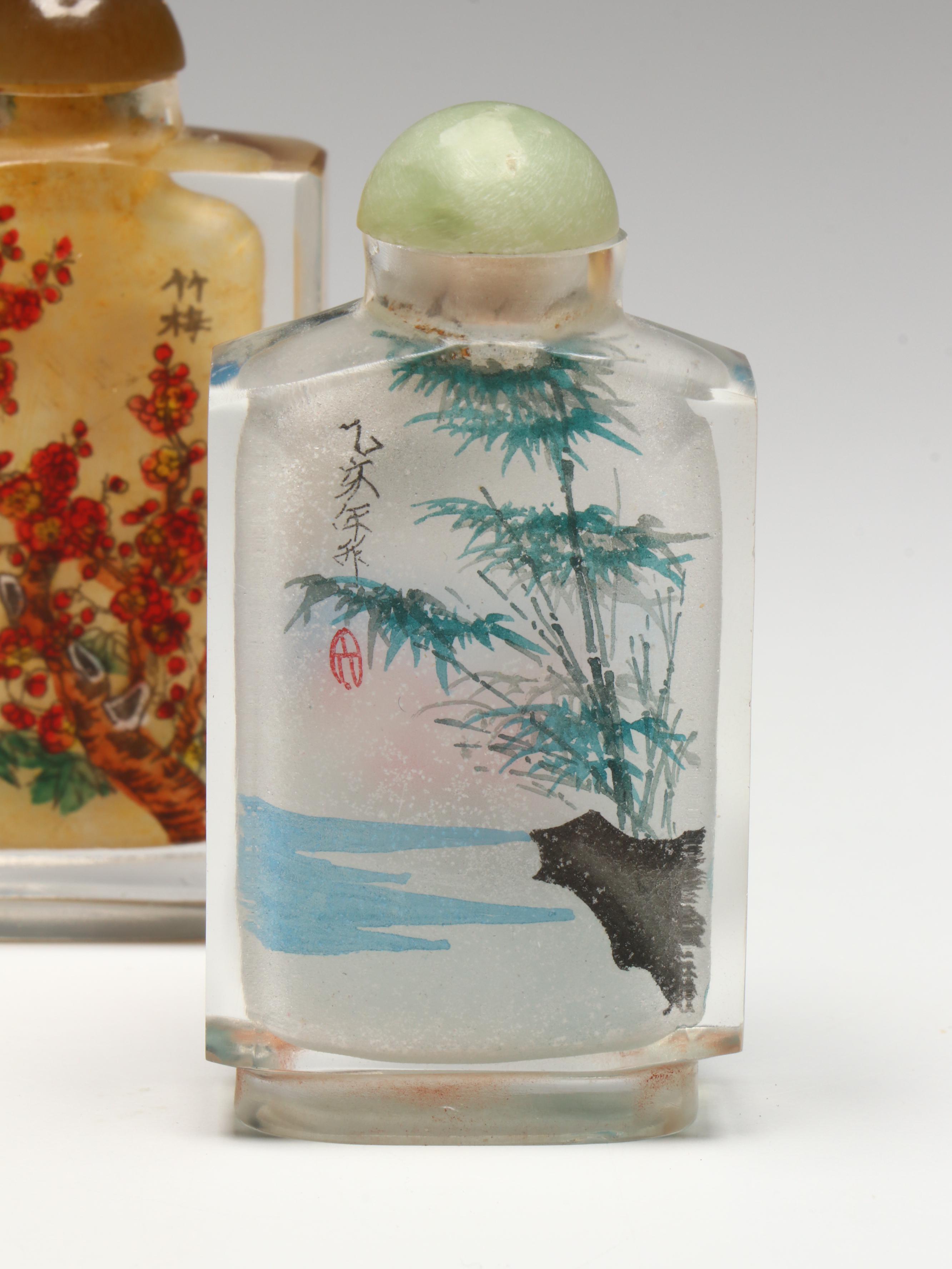 Chinese Reverse Painted Glass Dog, Floral and Horse Snuff Bottles