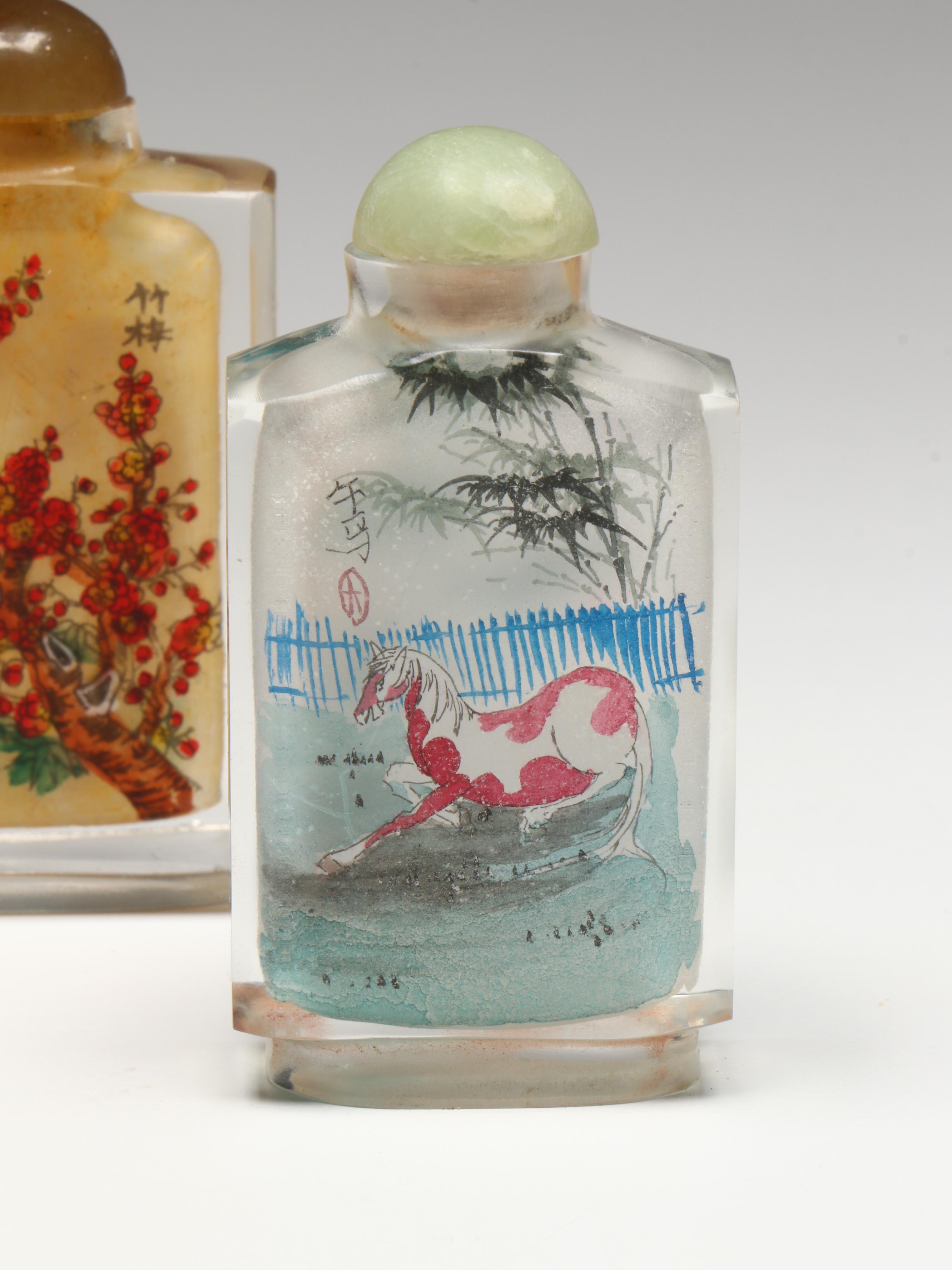 Chinese Reverse Painted Glass Dog, Floral and Horse Snuff Bottles