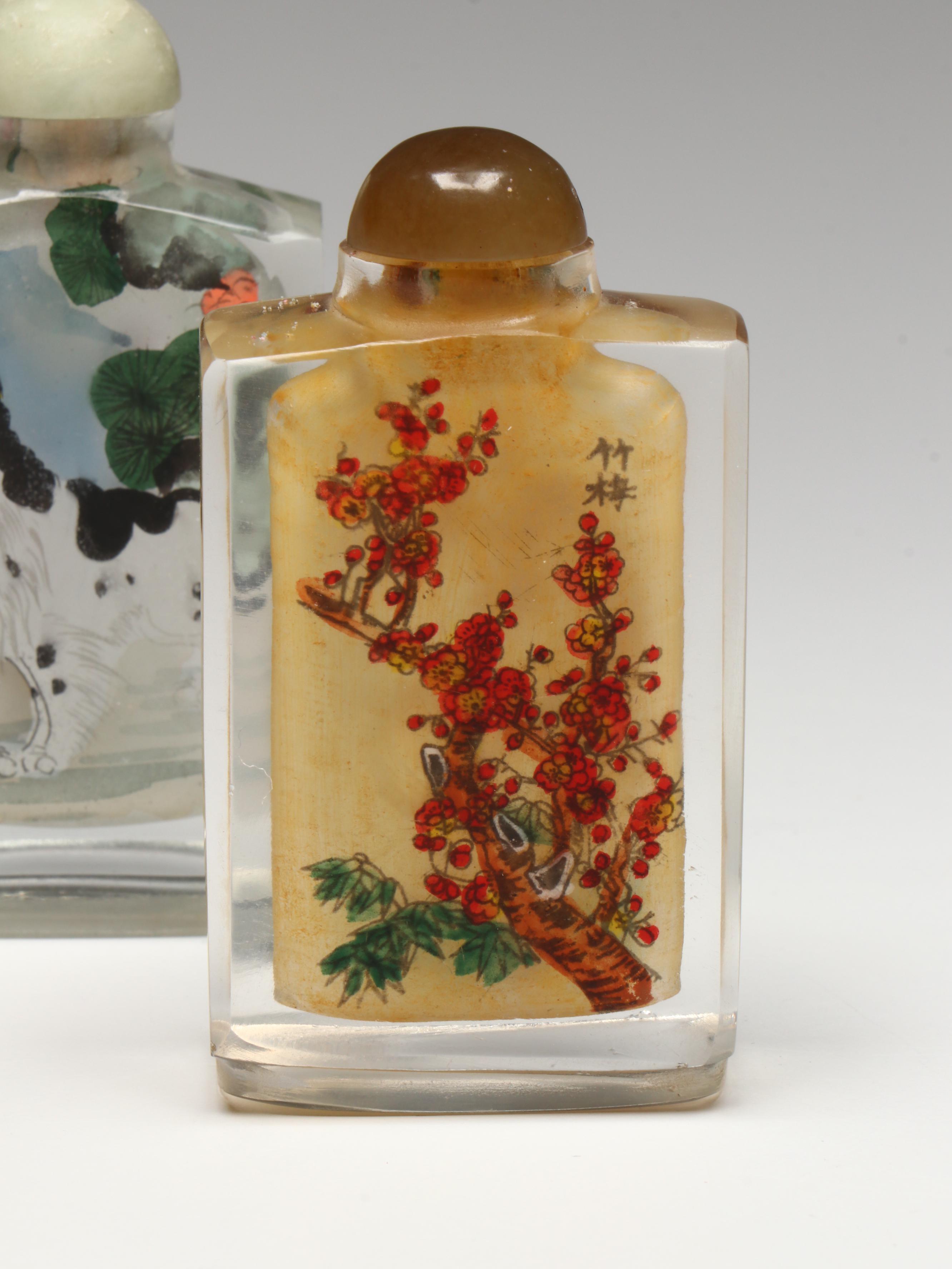 Chinese Reverse Painted Glass Dog, Floral and Horse Snuff Bottles