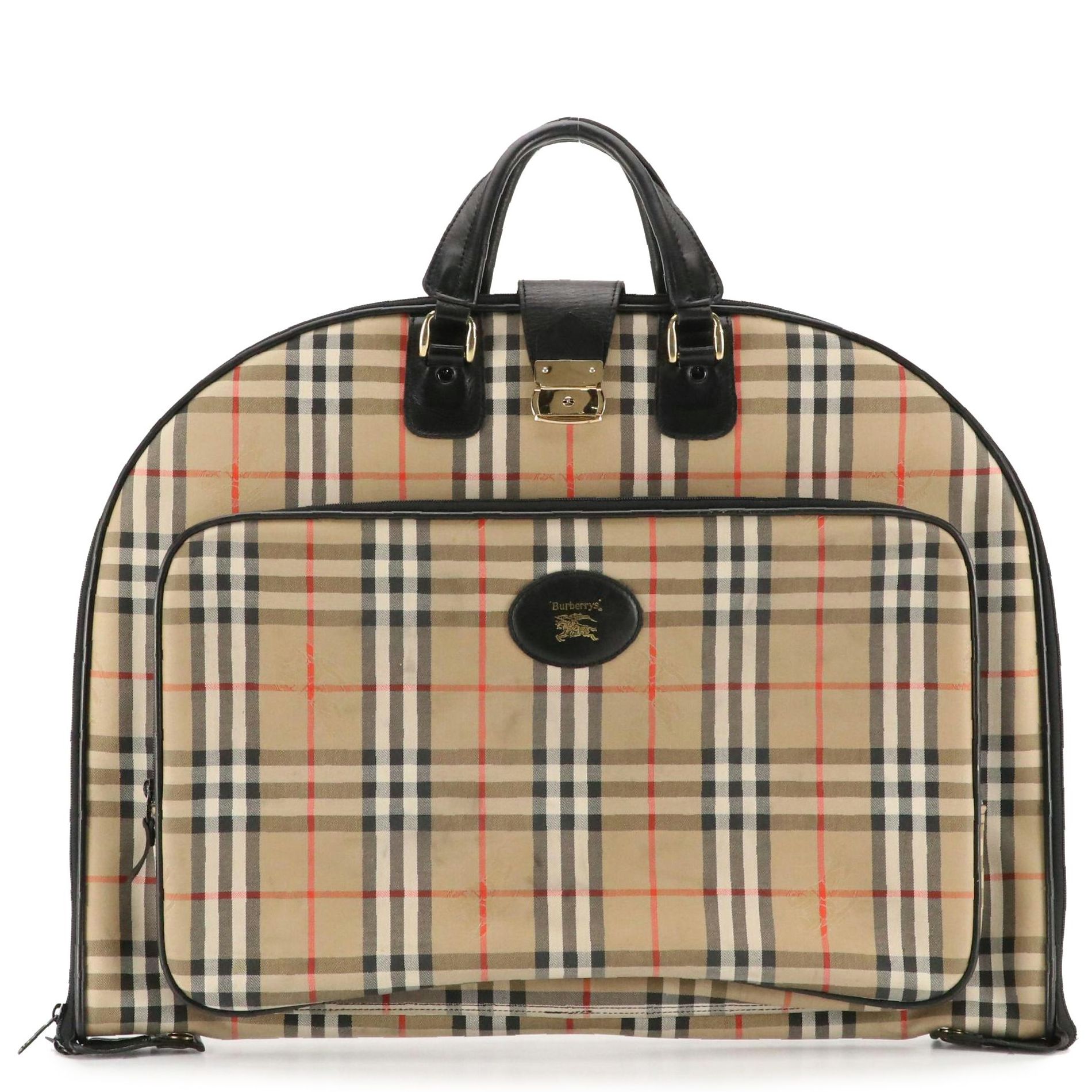 Burberrys Garment Travel Bag in Haymarket Check Canvas and Black Leather