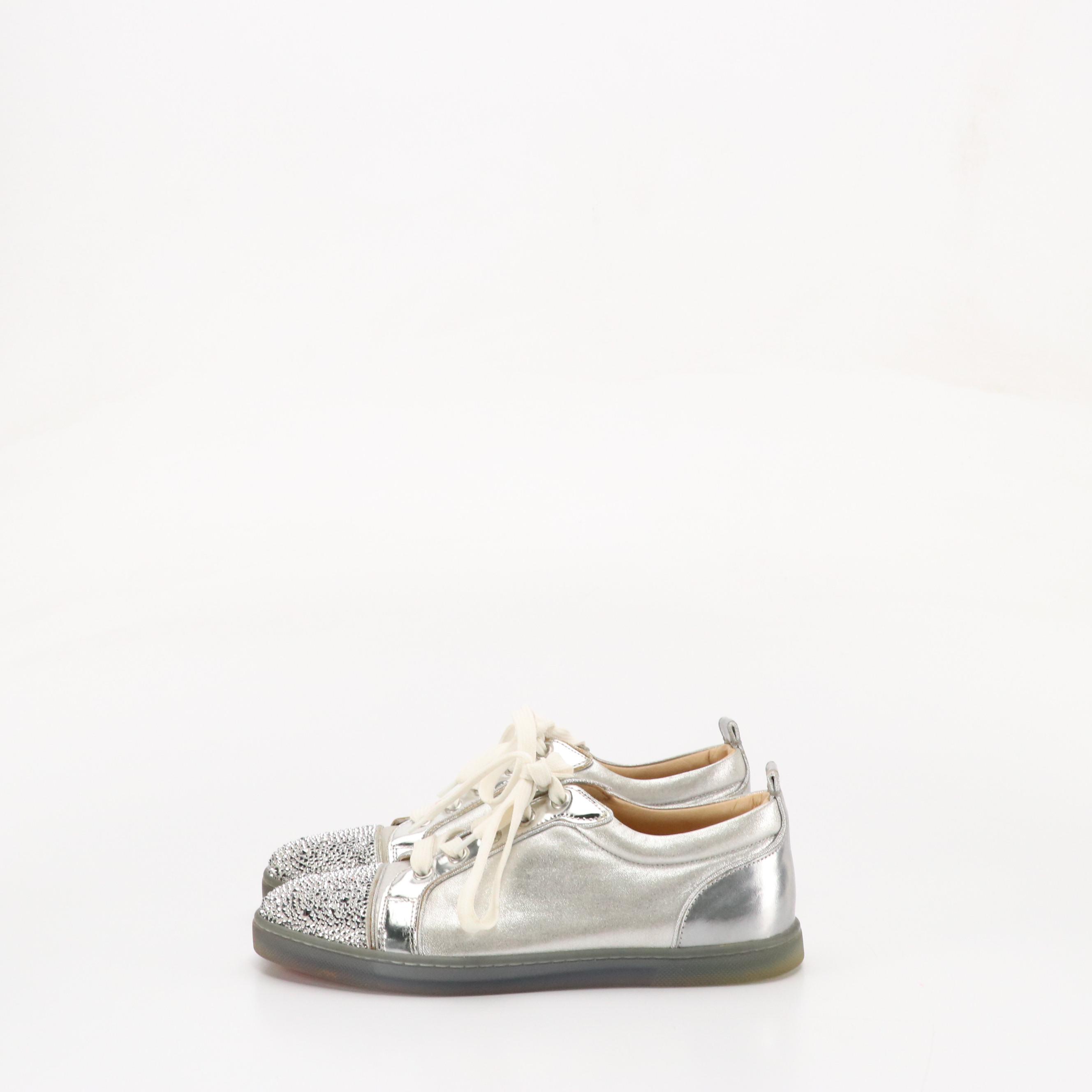 Christian Louboutin Junior Strass Studded Cap-Toe Sneakers in Metallic Calfskin