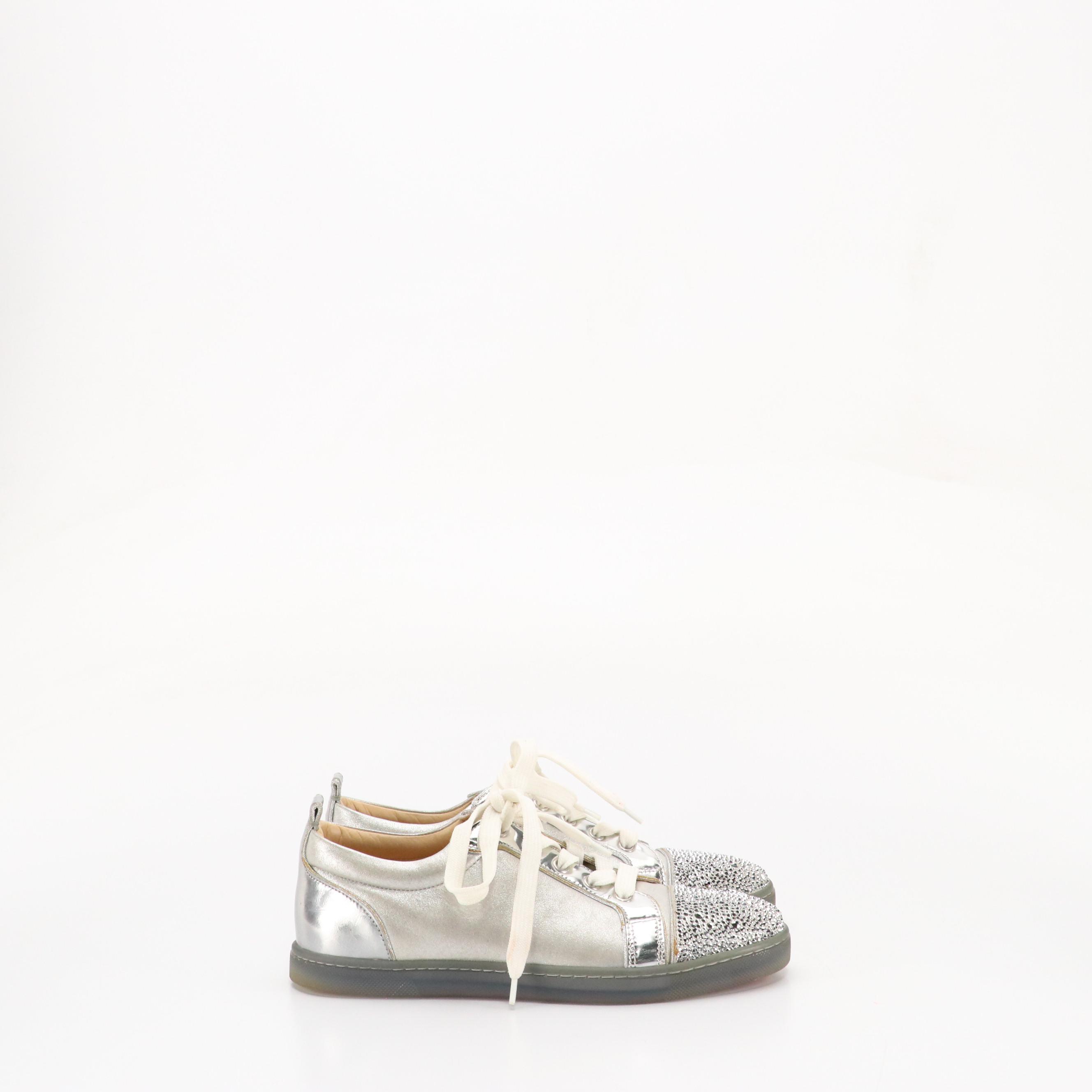 Christian Louboutin Junior Strass Studded Cap-Toe Sneakers in Metallic Calfskin