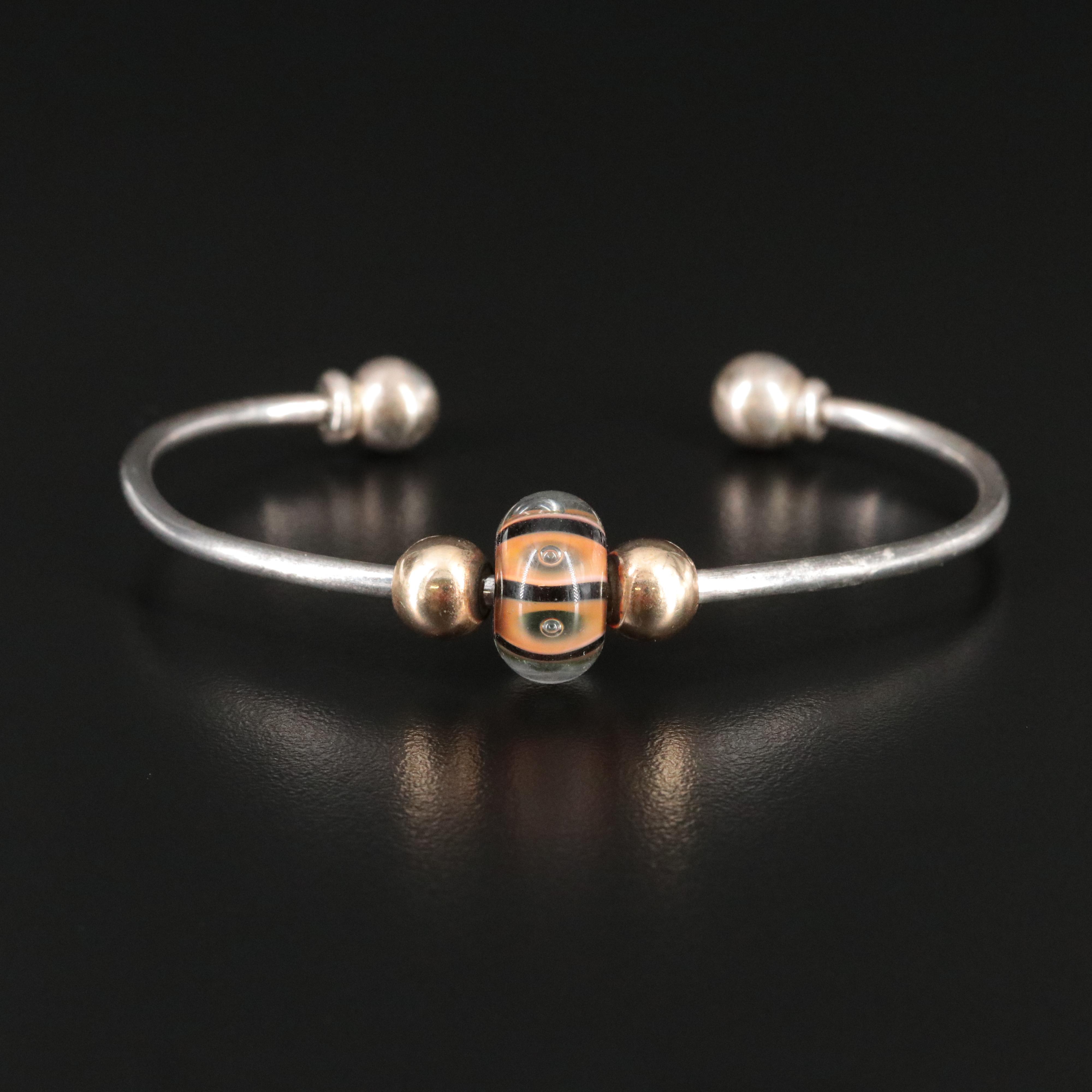 Sterling Lampwork Glass Bead Cuff Bracelet with 10K Bead Accents
