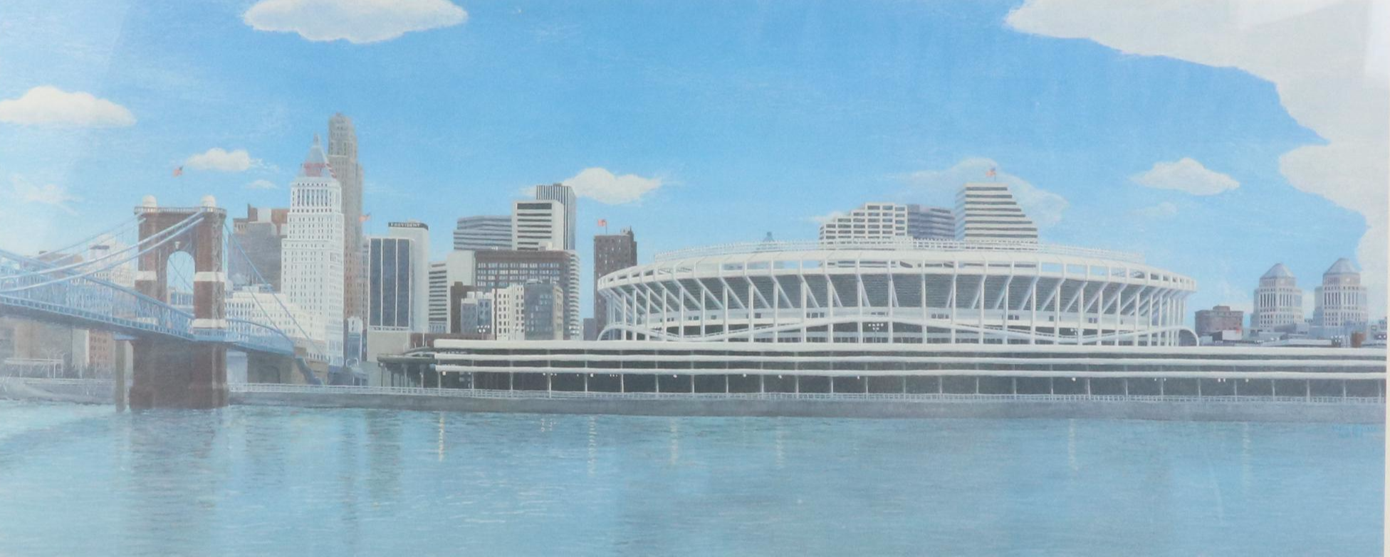 Tom Smith Offset Lithograph of Downtown Cincinnati With Riverfront Stadium