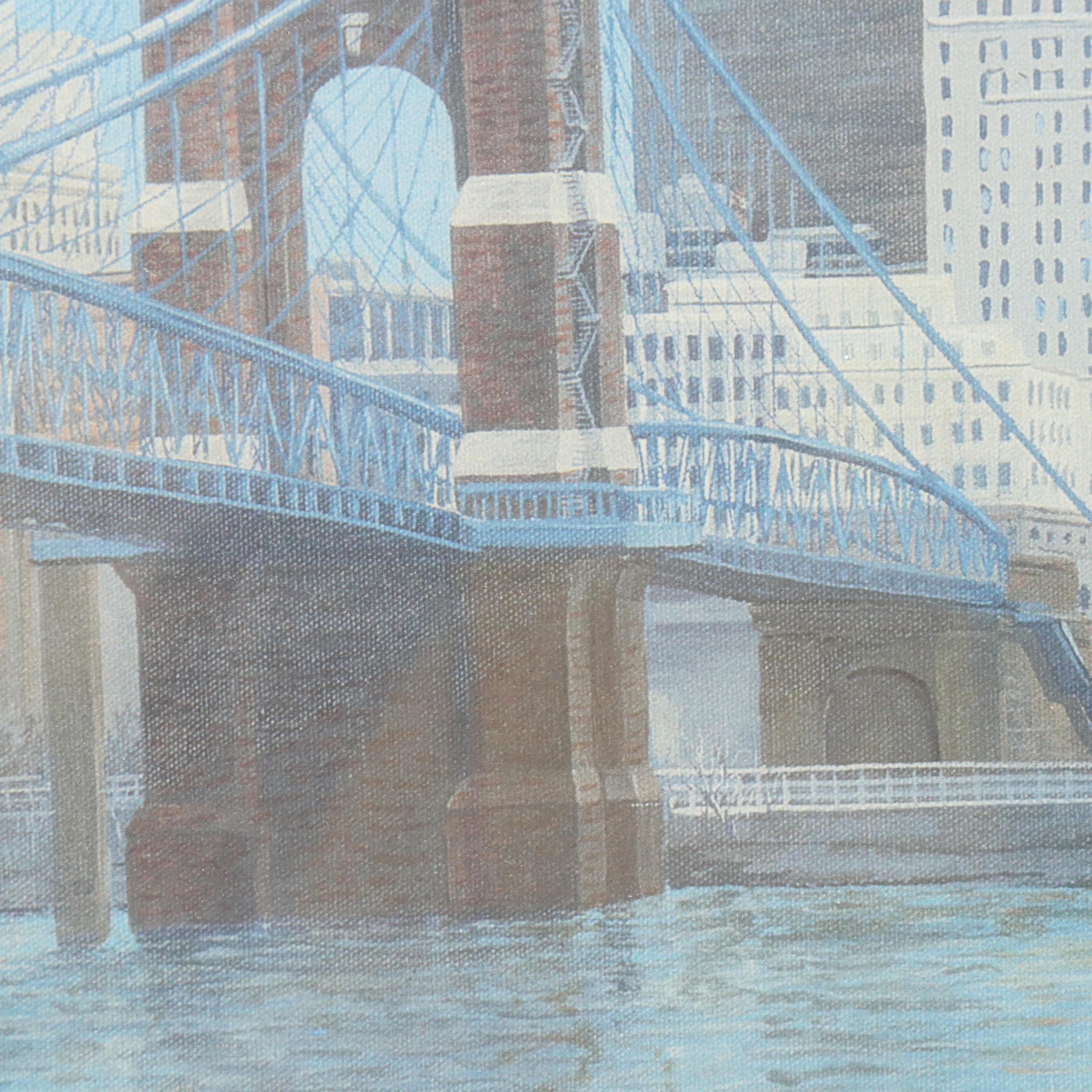 Tom Smith Offset Lithograph of Downtown Cincinnati With Riverfront Stadium