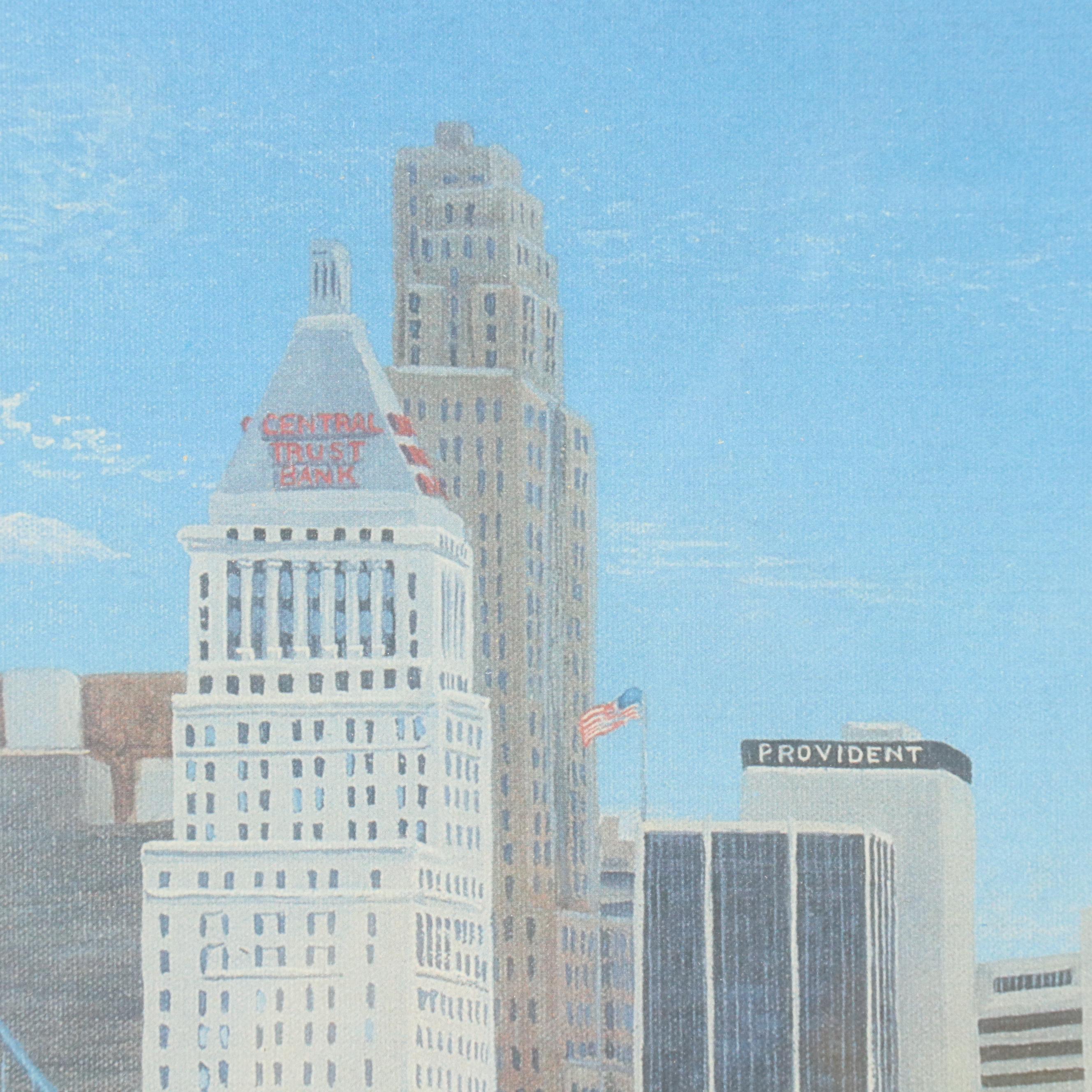 Tom Smith Offset Lithograph of Downtown Cincinnati With Riverfront Stadium