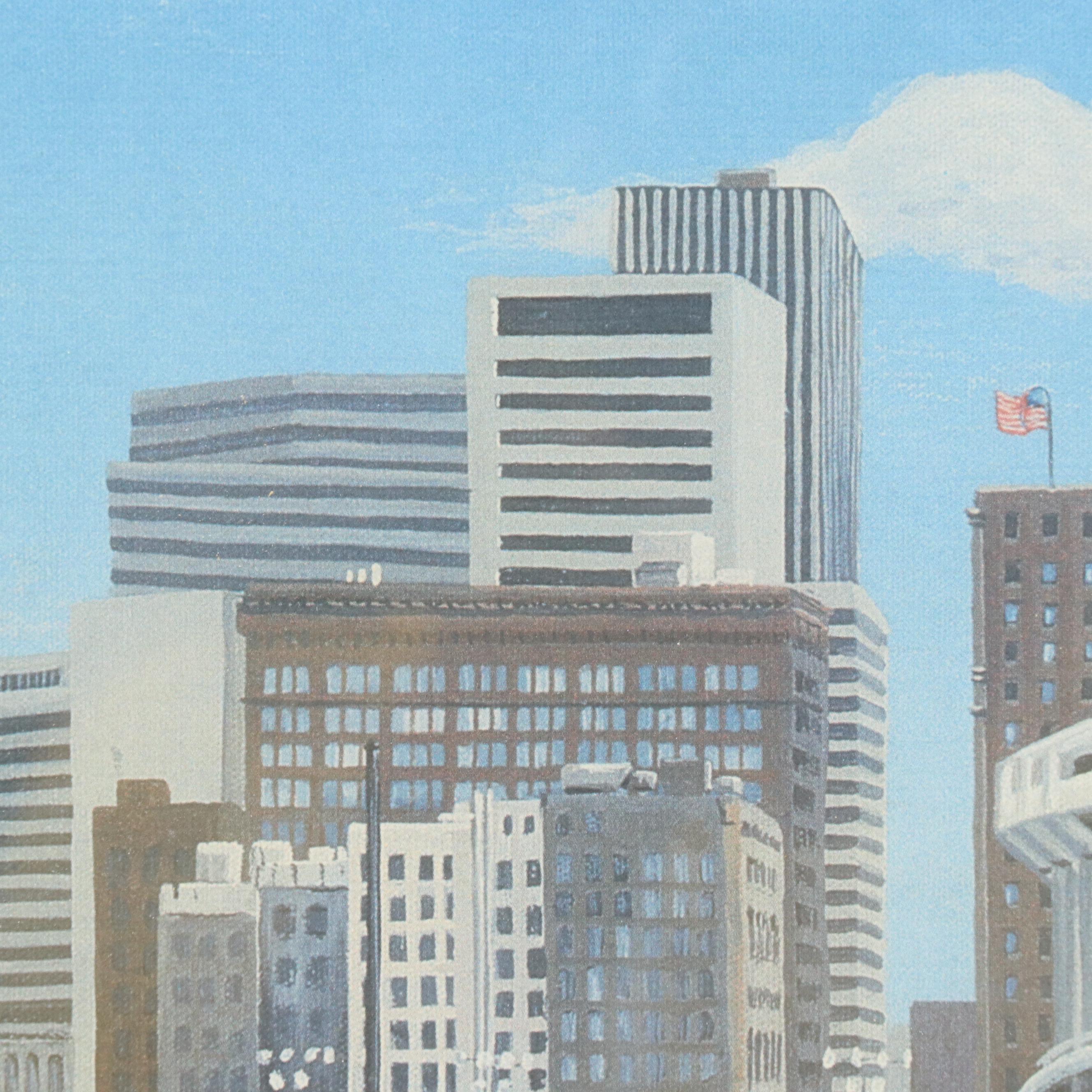 Tom Smith Offset Lithograph of Downtown Cincinnati With Riverfront Stadium
