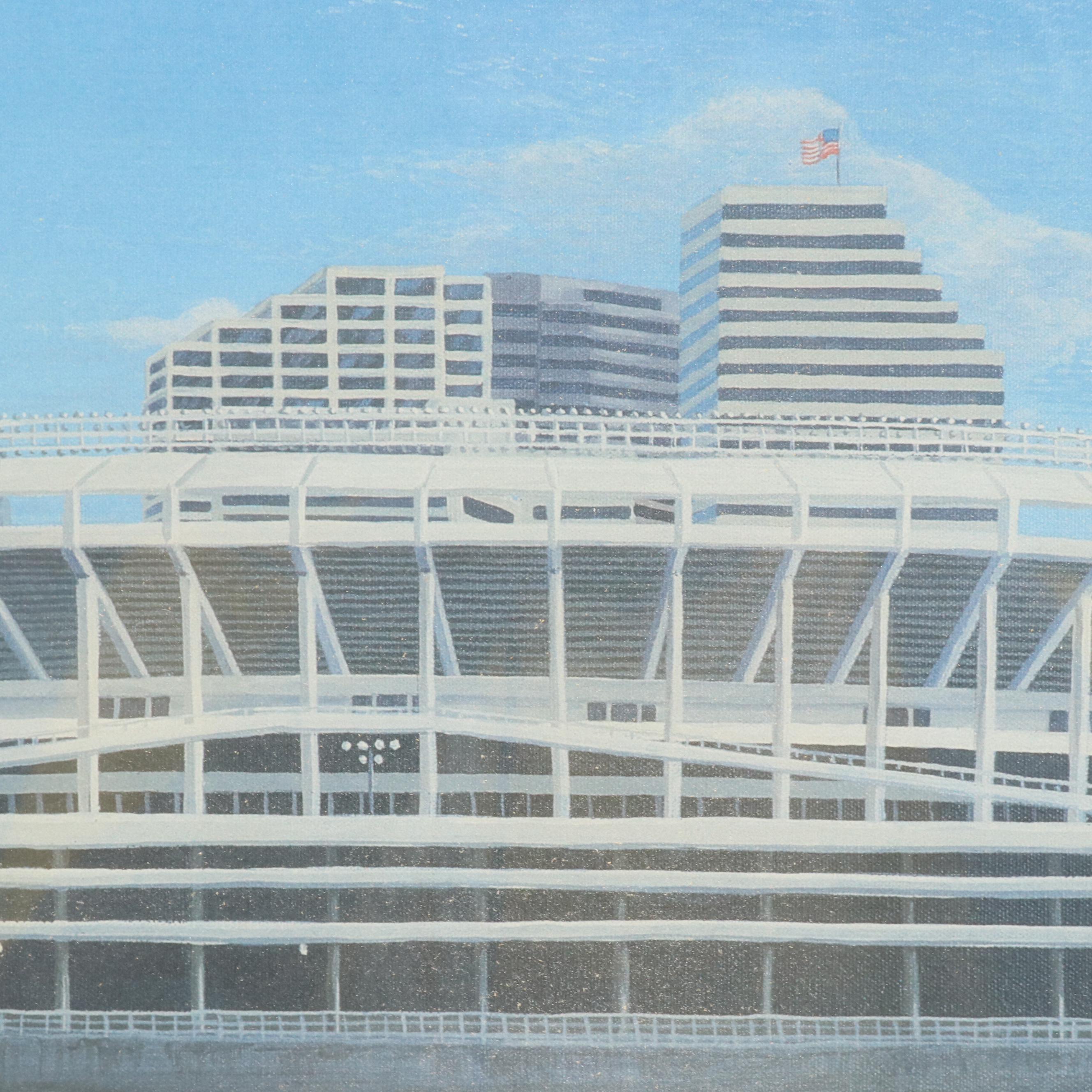 Tom Smith Offset Lithograph of Downtown Cincinnati With Riverfront Stadium