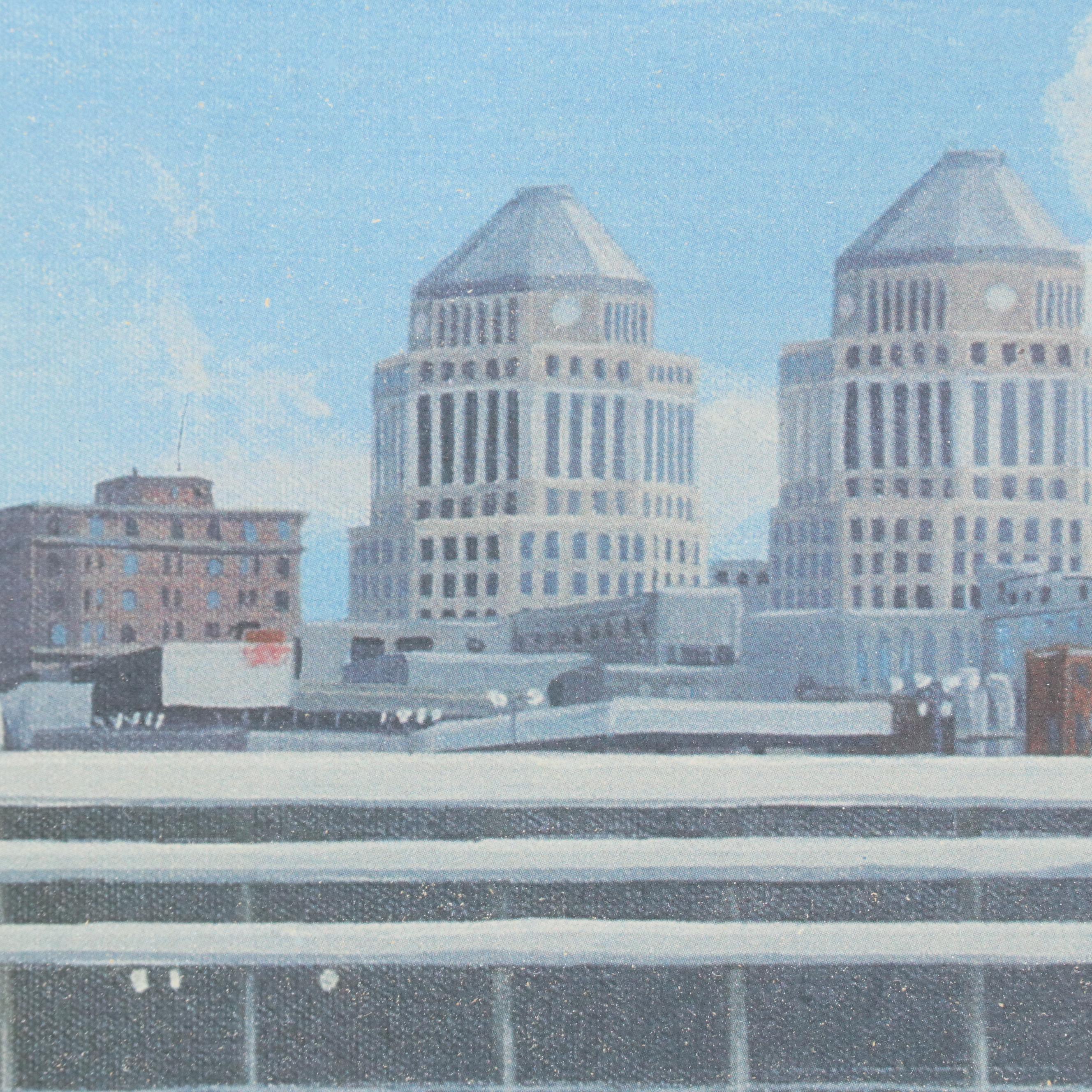 Tom Smith Offset Lithograph of Downtown Cincinnati With Riverfront Stadium
