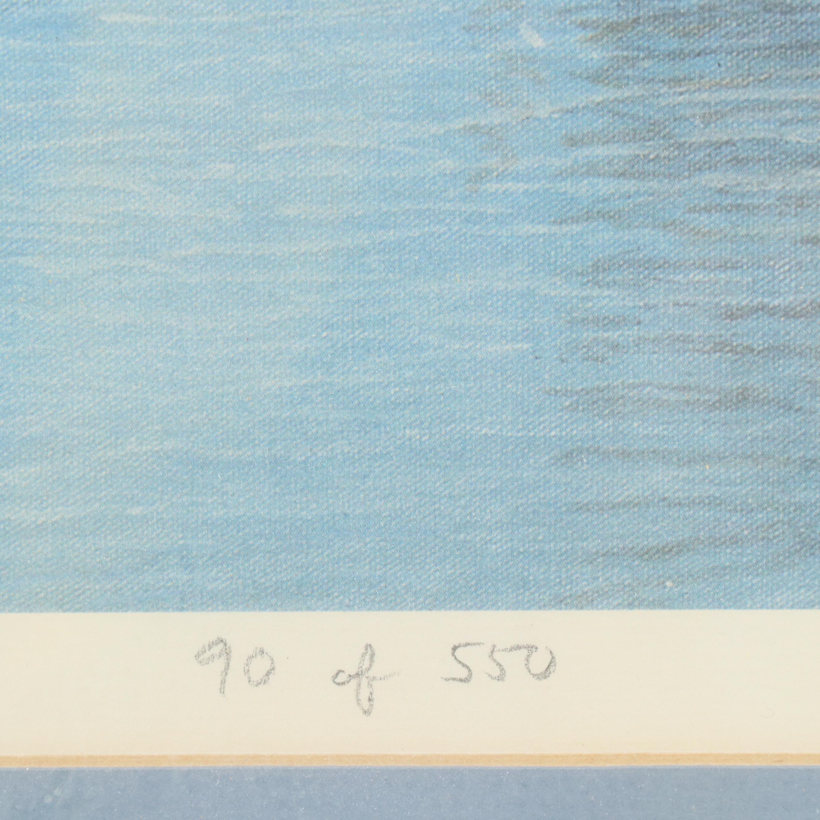 Tom Smith Offset Lithograph of Downtown Cincinnati With Riverfront Stadium