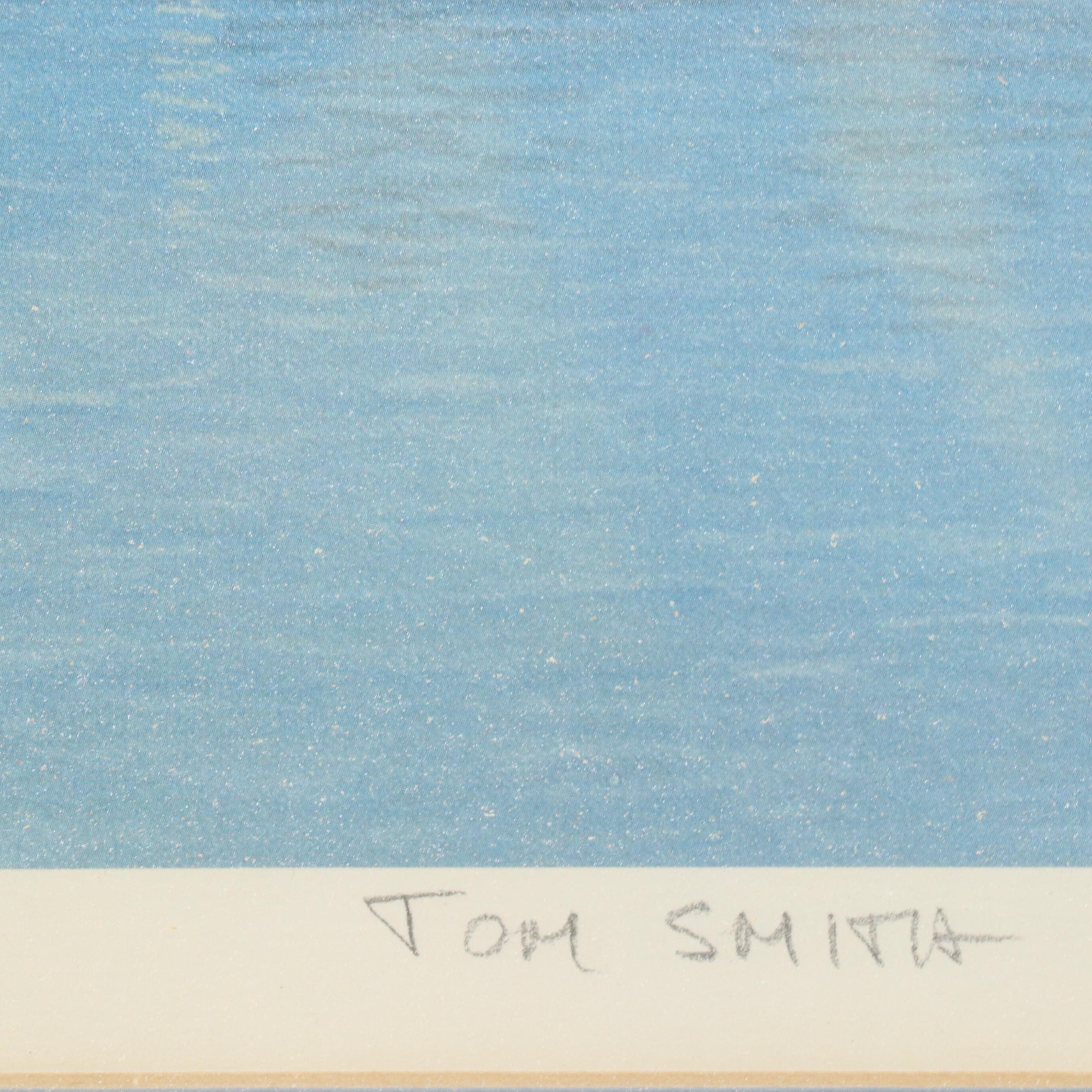 Tom Smith Offset Lithograph of Downtown Cincinnati With Riverfront Stadium